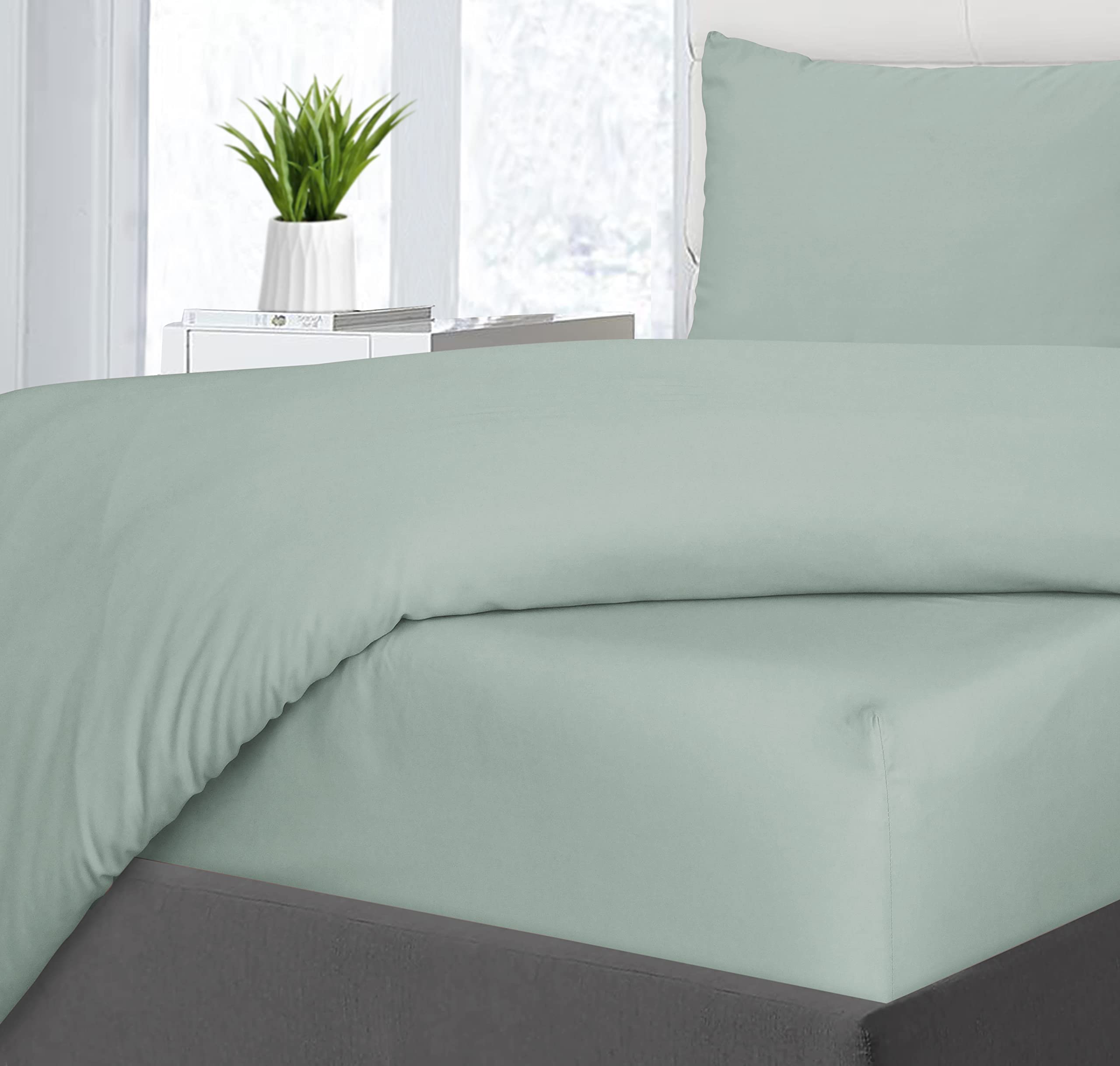 Sleepdown Sábana Bajera de bambú Liso Suave, cálida, acogedora y Transpirable, cómoda sábana Inferior de 35 cm con Bolsillos Extra Profundos - Verde Salvia - Super King