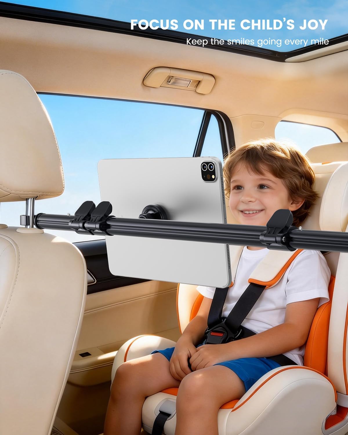 OHLPRO Kfz-Kopfstützen-Tablet-Halterung für Kinder, Roadtrip-Essentials – ausziehbare Aluminiumstange (max. 83,8 cm) für Mittelsicht, 360° drehbar, magnetischer Rücksitzständer, passend für Tablets