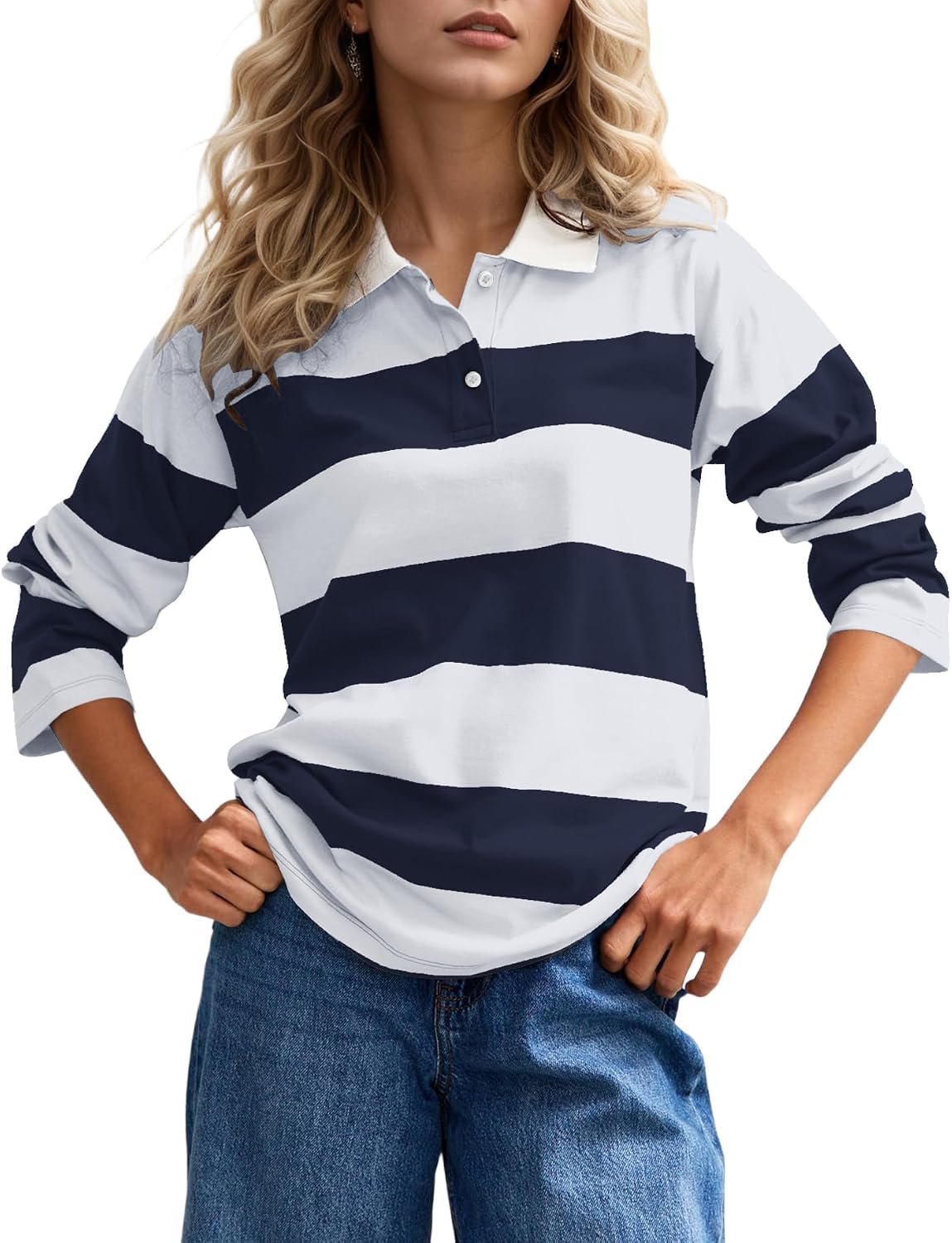 calbatic Rugby Striped Polo Shirt for Women Long Sleeve Lapel Collar T Shirt Color Block Casual Loose Pullover Tops