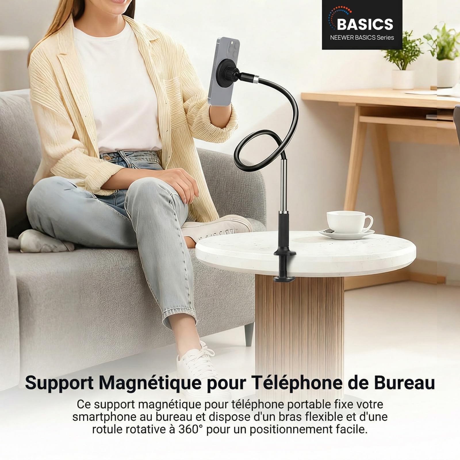 NEEWER Basics Support Magnétique pour Téléphone, Fixation à 360° pour Bureau, Bras Flexible, Compatible MagSafe iPhone Android et Samsung, Idéal pour l'Enregistrement Vidéo au Lit, PA151 Noir