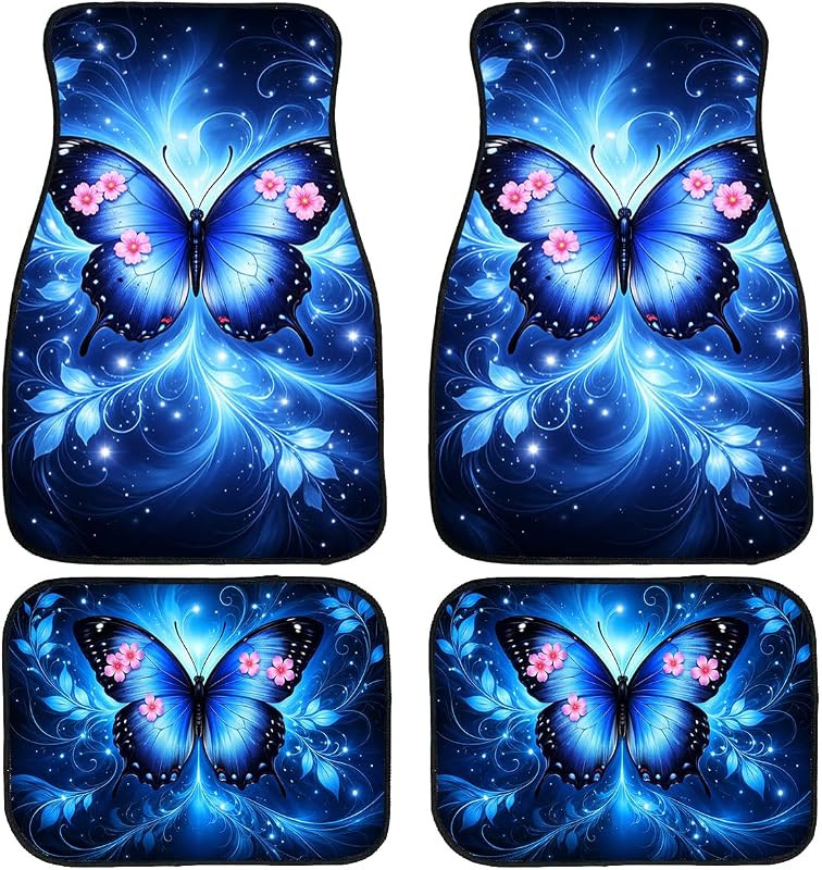 Jogo de Tapetes Automotivos Butterfly Car com 4 Peças, Estampa de Flores Rosa, Base de Borracha Antiderrapante, LXWJZQC