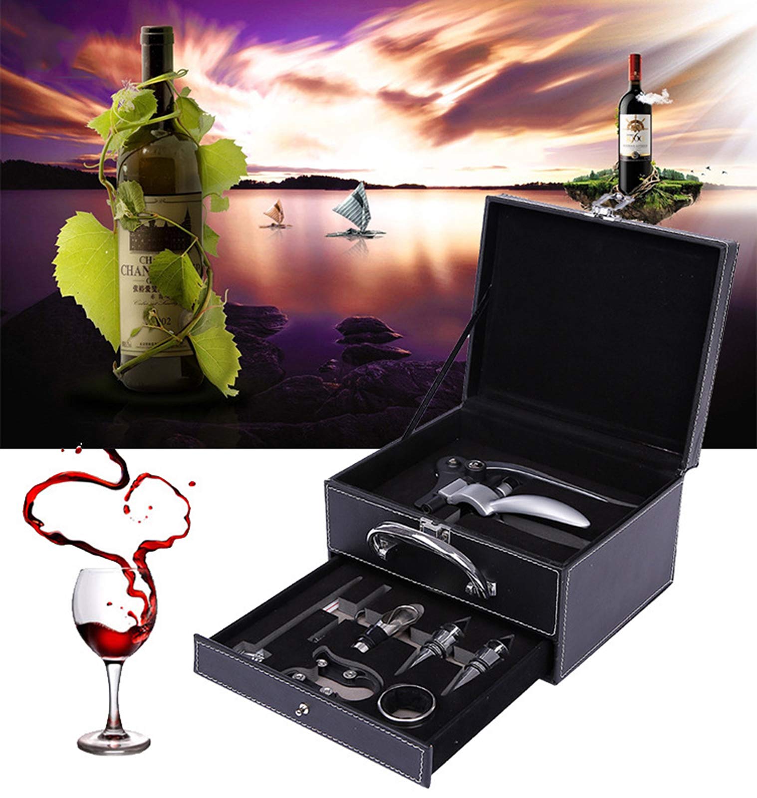 Korkenzieher, Luxus Wein Öffner mit Eleganten Geschenkbox,Sommelier Set mit Flaschenöffner,Folienschneider,Weinbelüfter,Tropfringe,Weinverschlüsse/Weinausgießer,Weinthermometer,Wein Vakuumpumpe