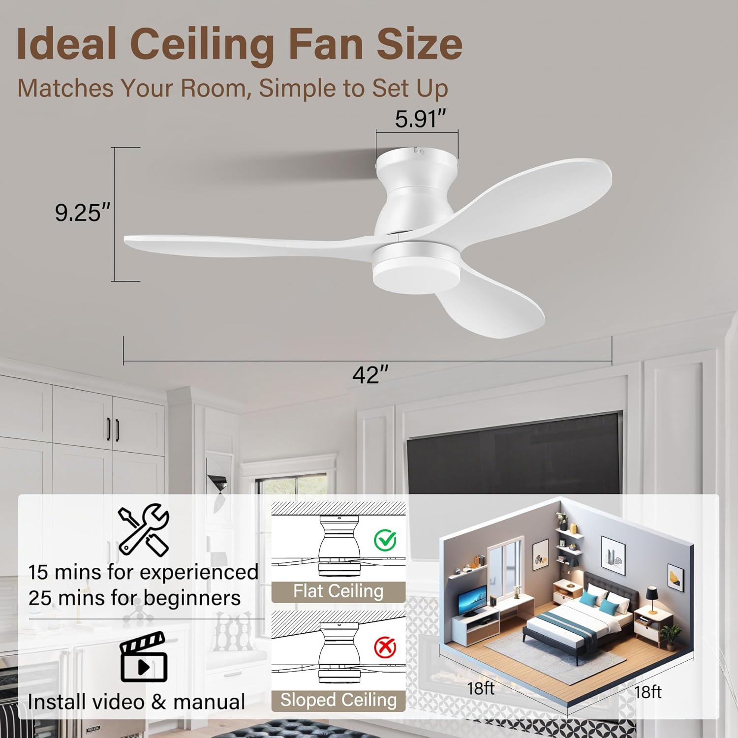 42" Wood Smart Ceiling Fans with Lights,Quiet DC Motor,Flush Mount Ceiling Fan with Remote,Alexa,APP, White Low Profile Hugger Fan for Bedroom,Living Room,Porch,Outdoor Indoor Use,Dimmable,3 Blades