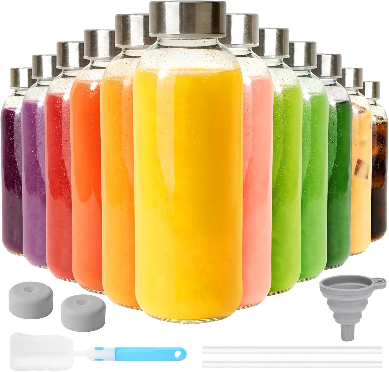 Sursip Glass Juice Bottles 16 oz with Lids (12 Pack) - Reusable Clear Water Bottles for Juicing, Smoothies & Meal Prep - Leak Proof Drinking Jars with Straws & Brush for Fridge Storage & Travel