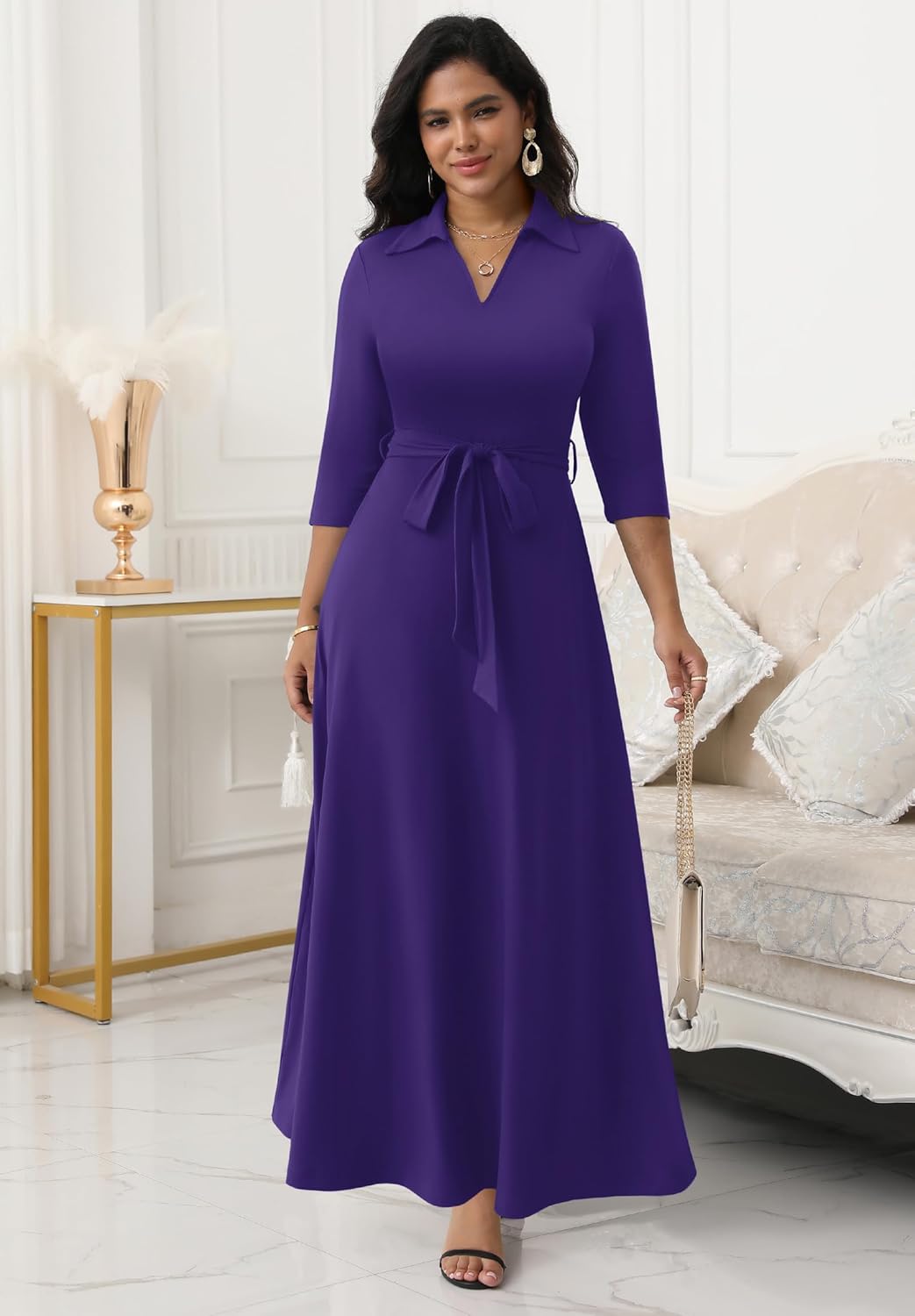 FANDEE Maxi Dresses for Women V Neck Casual A-line Dress 3/4 Sleeve Semi Formal Dress for Women - Image 5