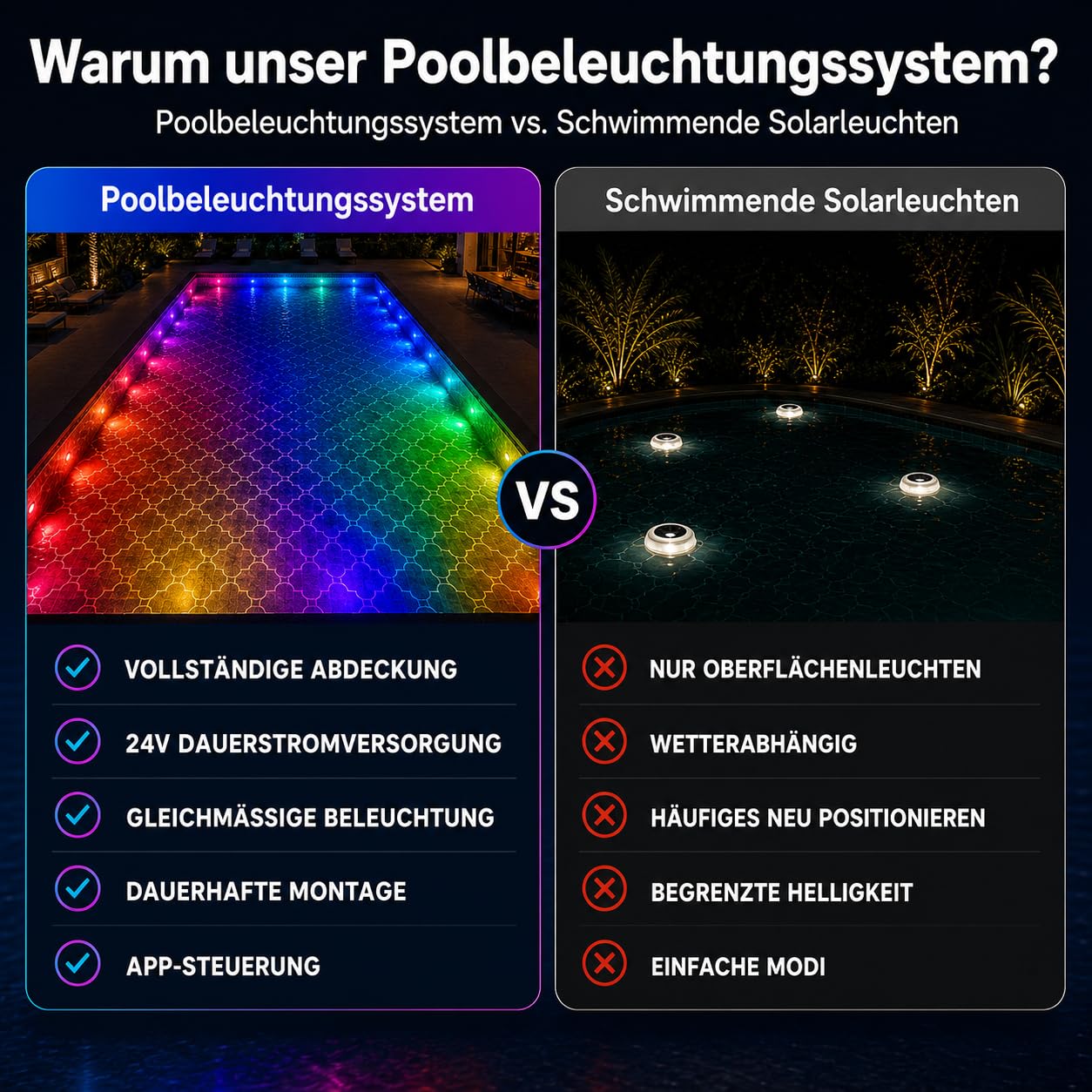 8-in-1 Poolbeleuchtungssystem 15m, 24V IP68 wasserdicht Poollicht ohne Umbau, RGB+IC Dynamische Pool LED, Vollflächige Pool Beleuchtung mit App & Fernbedienung für Einbau- und Aufstellpools