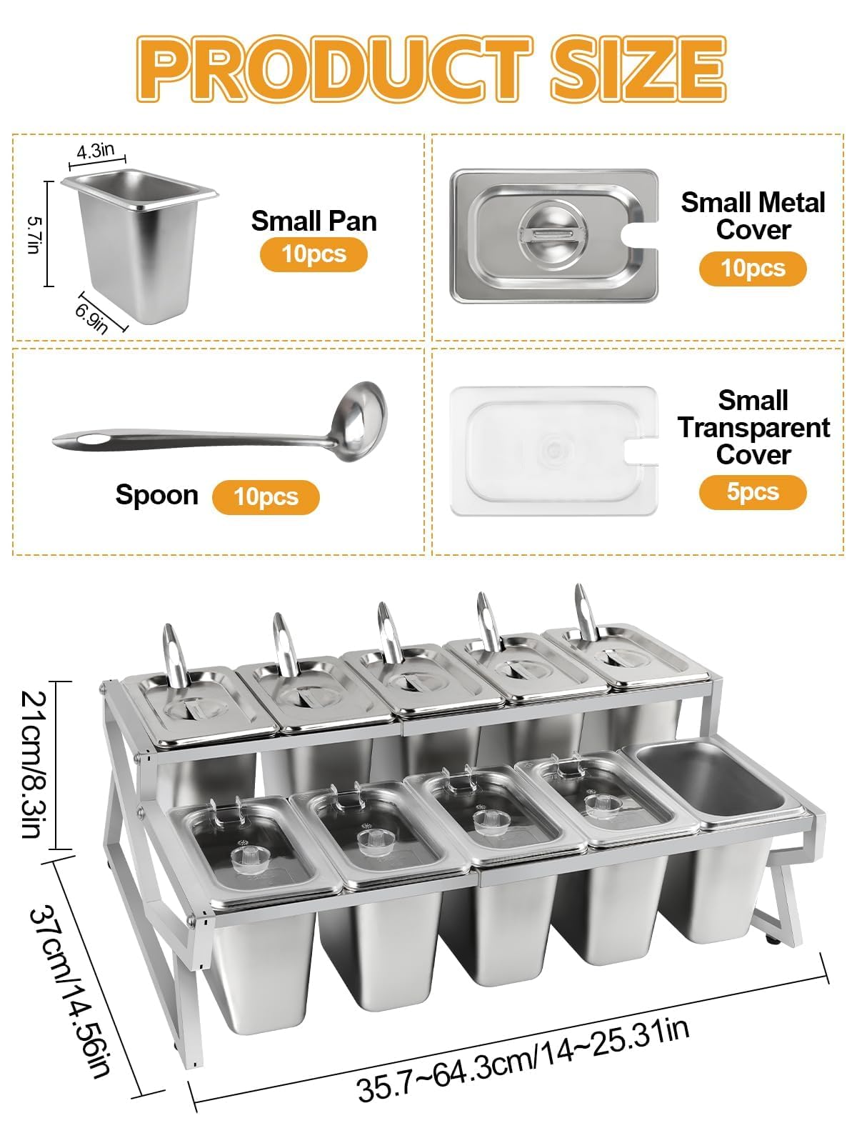TOROKOM Station de stockage pour garnitures de pizza à 10 bacs, contenants à condiments ajustables en acier inoxydable sur 2 rangées avec couvercles, cuillères, présentoir à glaçons, contenants pour