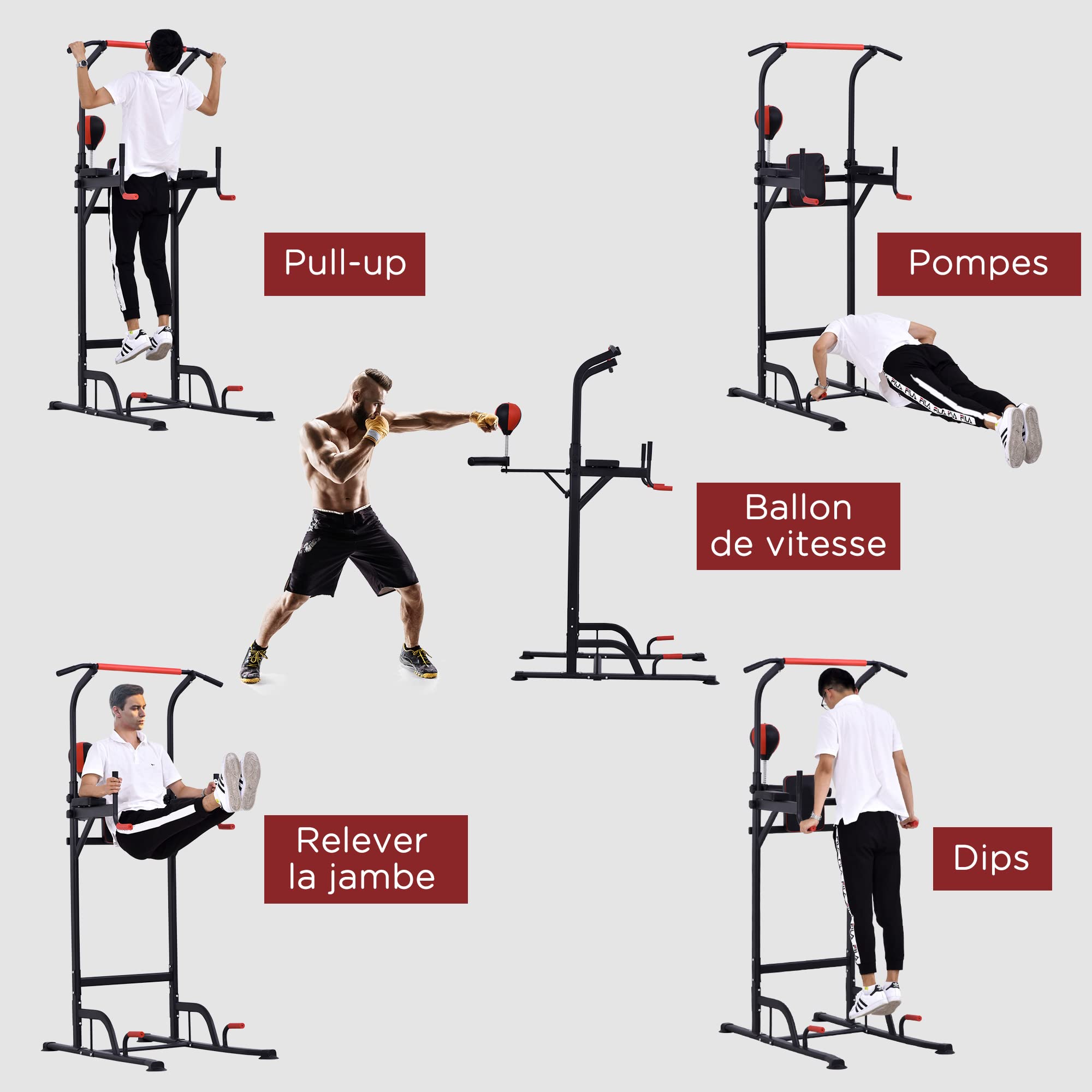 HOMCOM Station de Traction Musculation Multifonctions Punching Ball Chaise Romaine Hauteur réglable Acier Noir Rouge