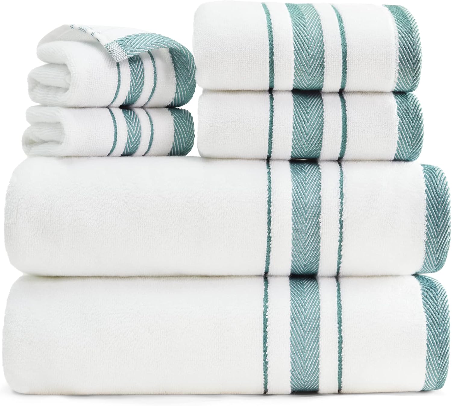 Bedsure White Bathroom Towels Set - 100% Turkish Cotton Towels Set, Highly Absorbent Soft Bathroom Towels, Luxury Bath Towels Set of 6, Striped Decorative Towels for Bathroom, Spa, Hotel