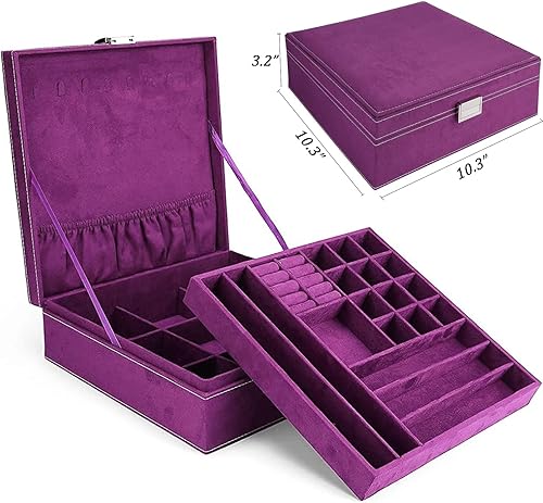 Miniatura 5 de QBeel - Joyero para mujer, doble capa, 36 compartimentos, organizador de joyas con cerradura para aretes, pulseras, anillos, color morado