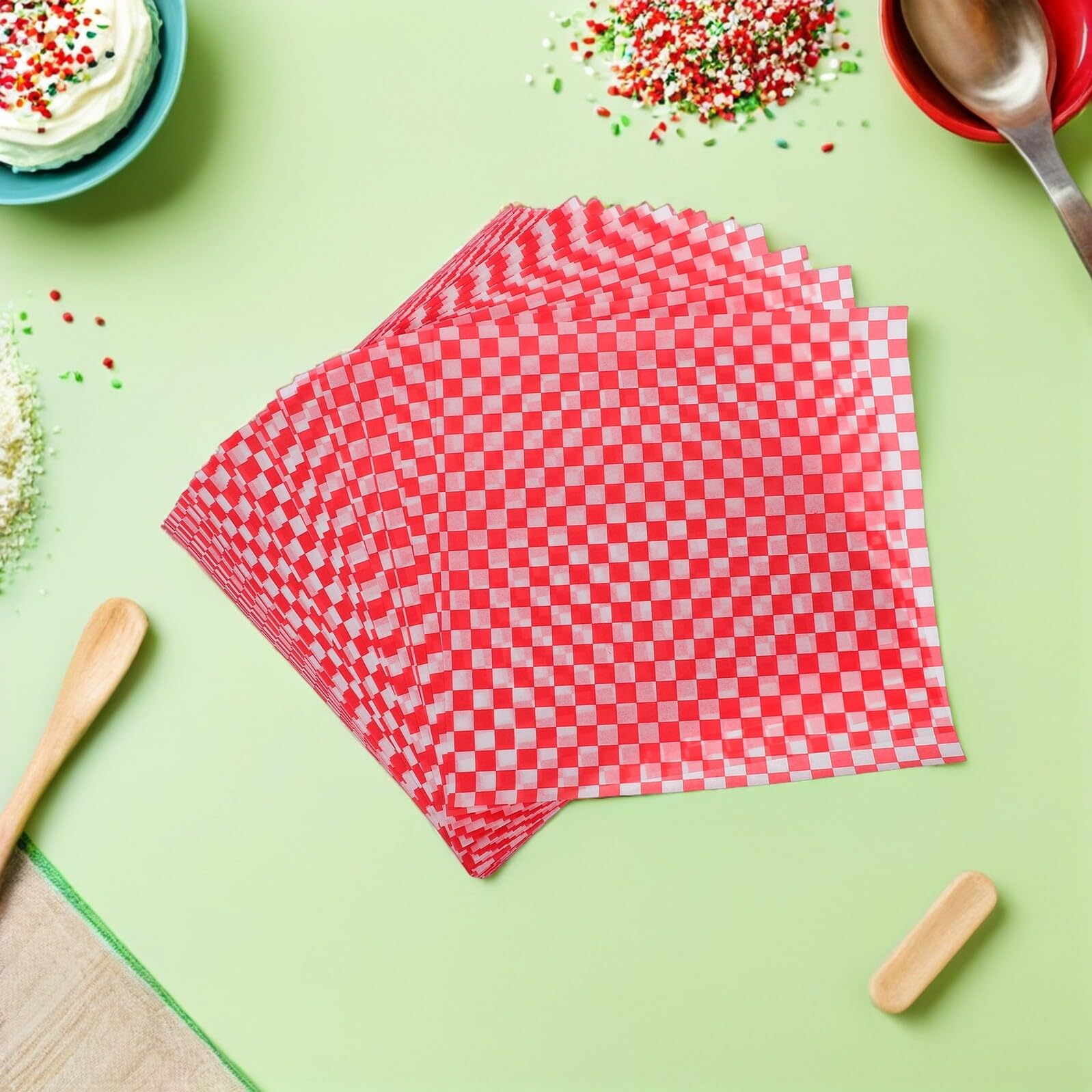 Papel para Hornear Antigrasa 30X30 CM 500 Hojas Cuadros Rojos Papel Encerado para Sándwiches Hamburguesas y Repostería Resistente al Calor Adecuado para Horno Picnic y