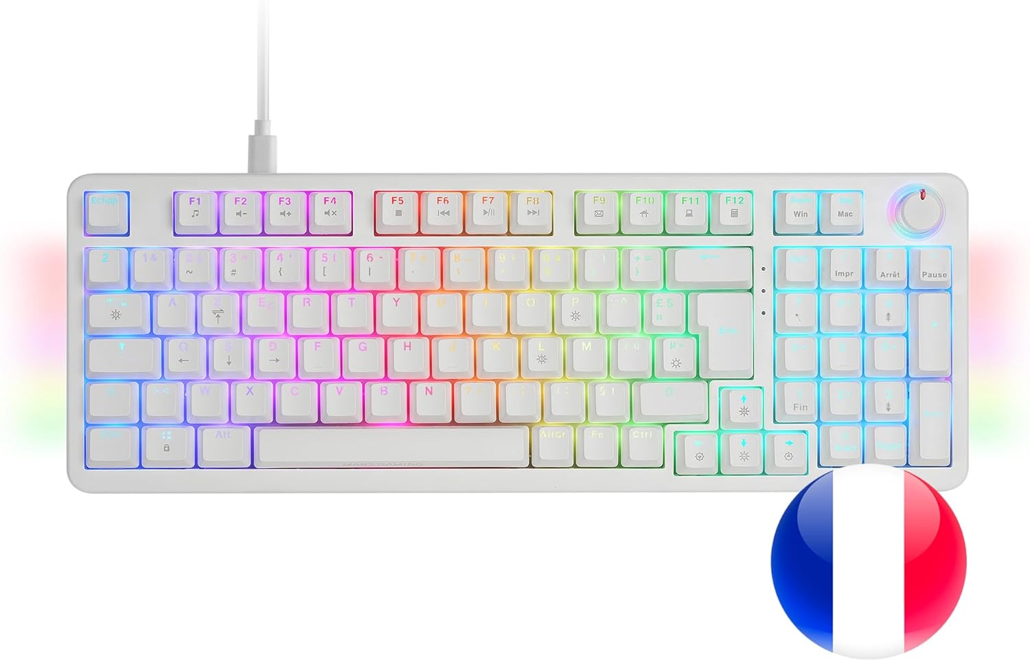 Վերևից ներքև view of the Mars Gaming MKPRO keyboard with French AZERTY layout and vibrant RGB backlighting.