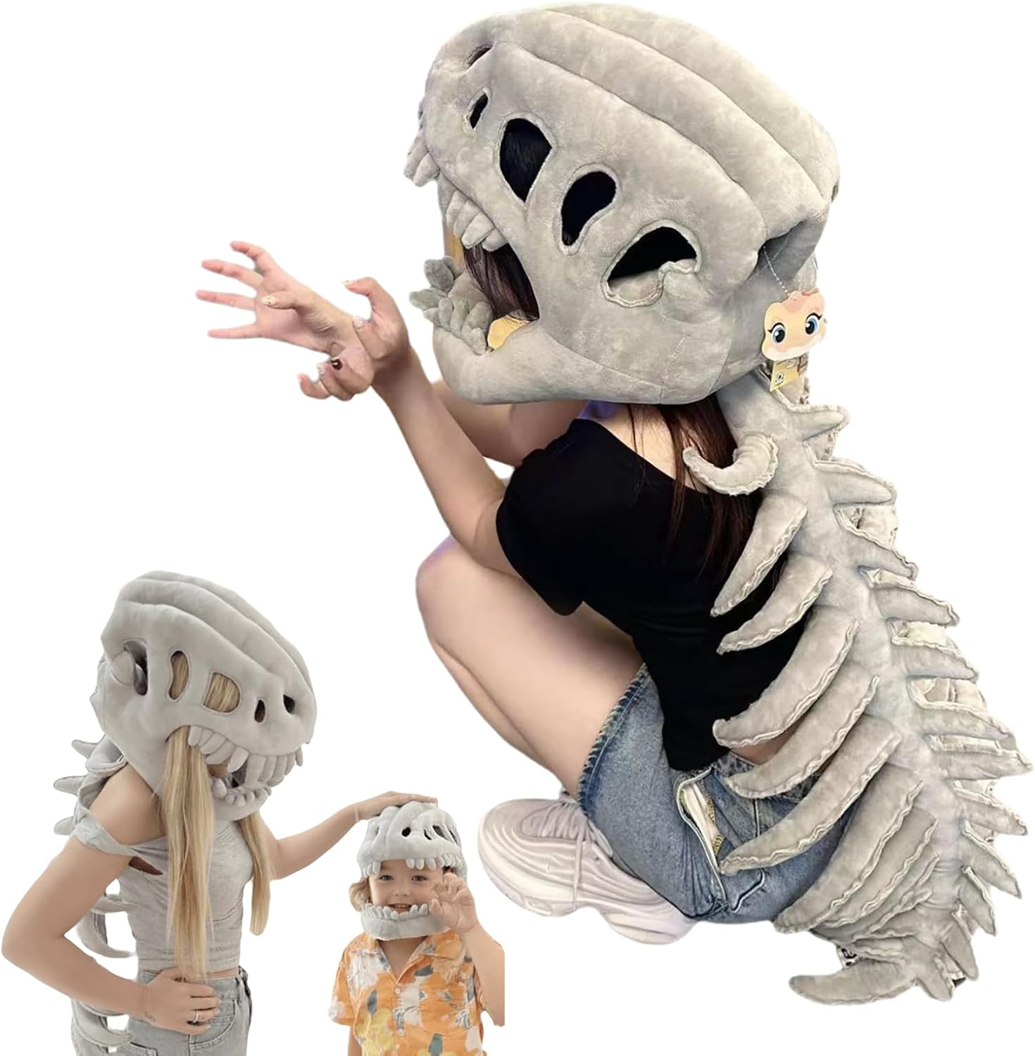 Dinosaur Costume - 3D Dinosaur Skeleton Headgear, Dino Skeleton Costume Mask & Plush Spine for Halloween, Cosplay