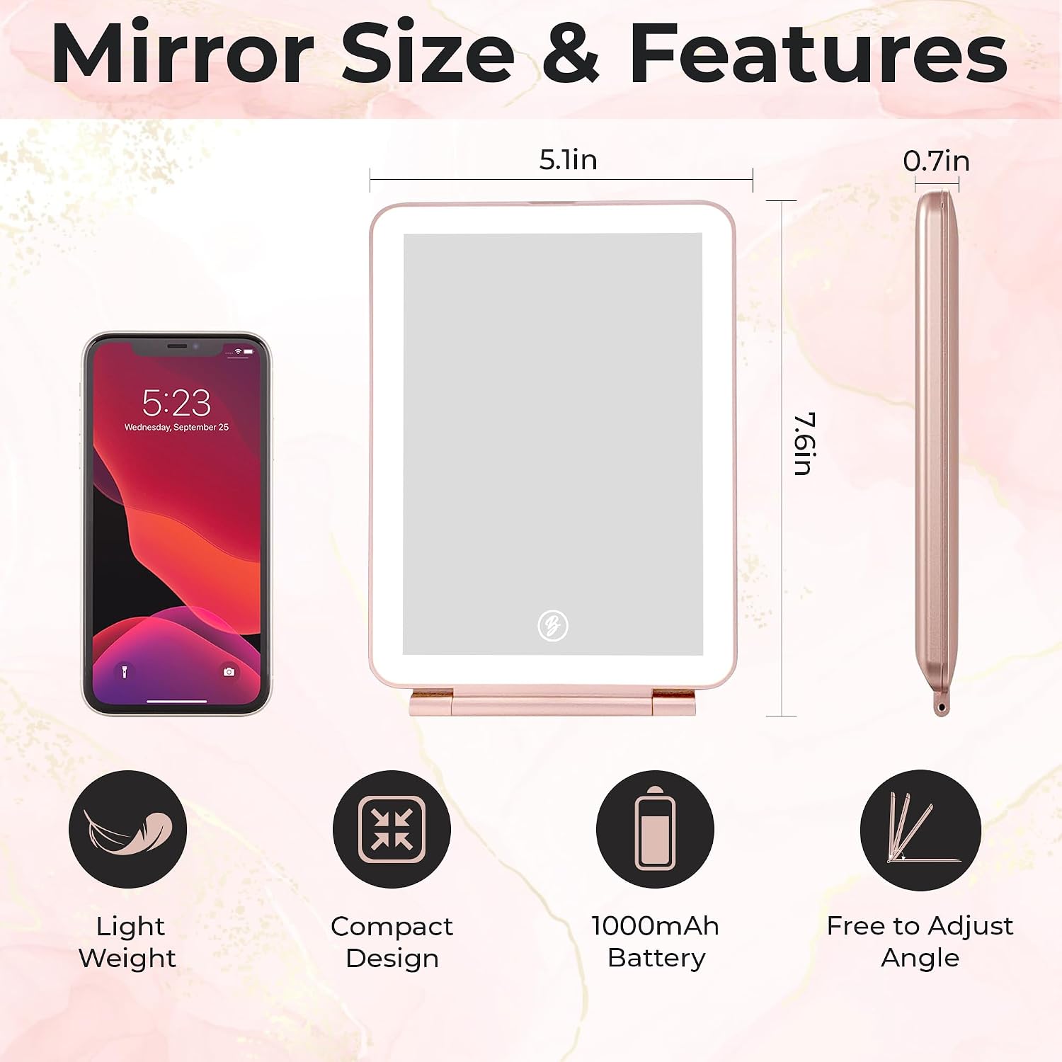 Rechargeable Folding Vanity Mirror with 72 LED Lights, 3 Color Lighting, Dimmable Touch Screen for Travel, Cosmetics and Gifts with Storage Bag