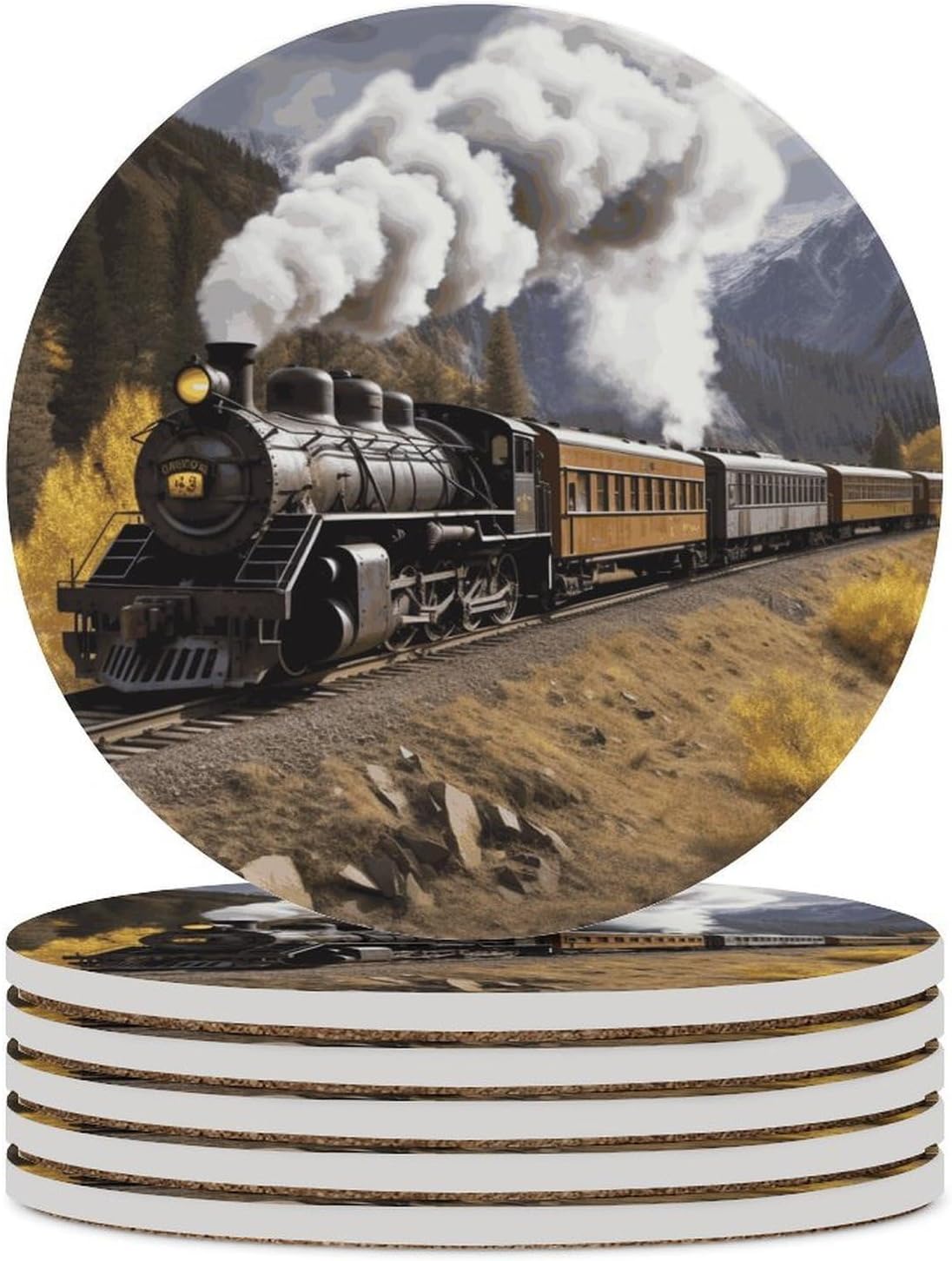 6PCS Steam Locomotive Train Coasters Non-Slip Round Drink Coasters with Ceramic Stone and Cork Base, Heat Resistant Absorbent 33.00Stone Coaster Set for Kinds of Mugs and Cups, 4 Inch