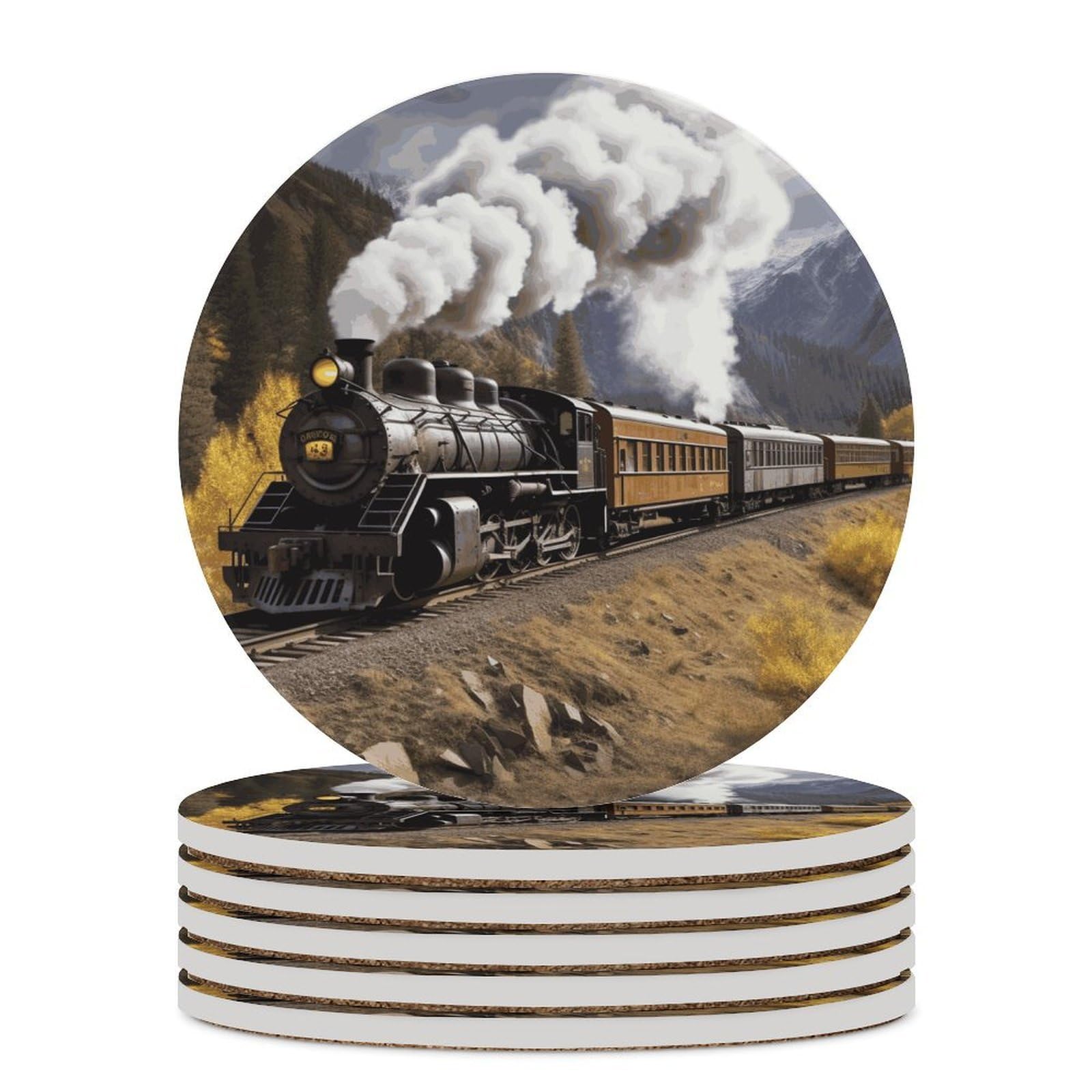 Steam Locomotive Train Coasters for Drinks Absorbing Round Ceramic Stone Coaster with Cork Base Coffee Cup Beverage Table Cup Mat Modern Style Bar Coaster Set for Home Decor