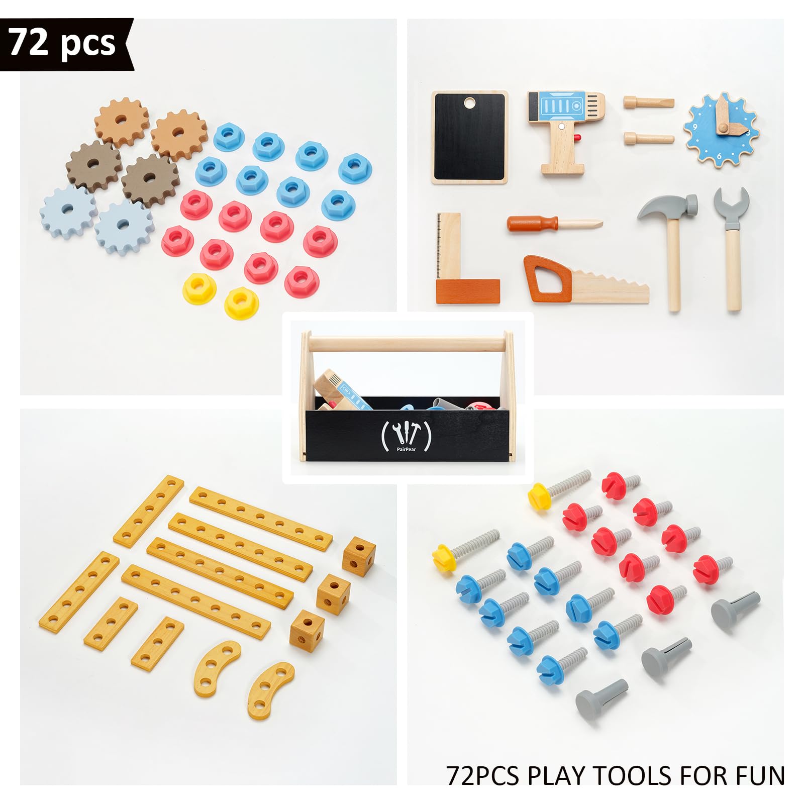 PairPear Wooden Kids Tool Bench, Toddler Workbench with 71 PCS Tool Set, Wooden Toy Play Worshop Toolbox with Drill, Hammer, and Construction Tools, Kids Gift for Boys & Girls 3+ Years Old