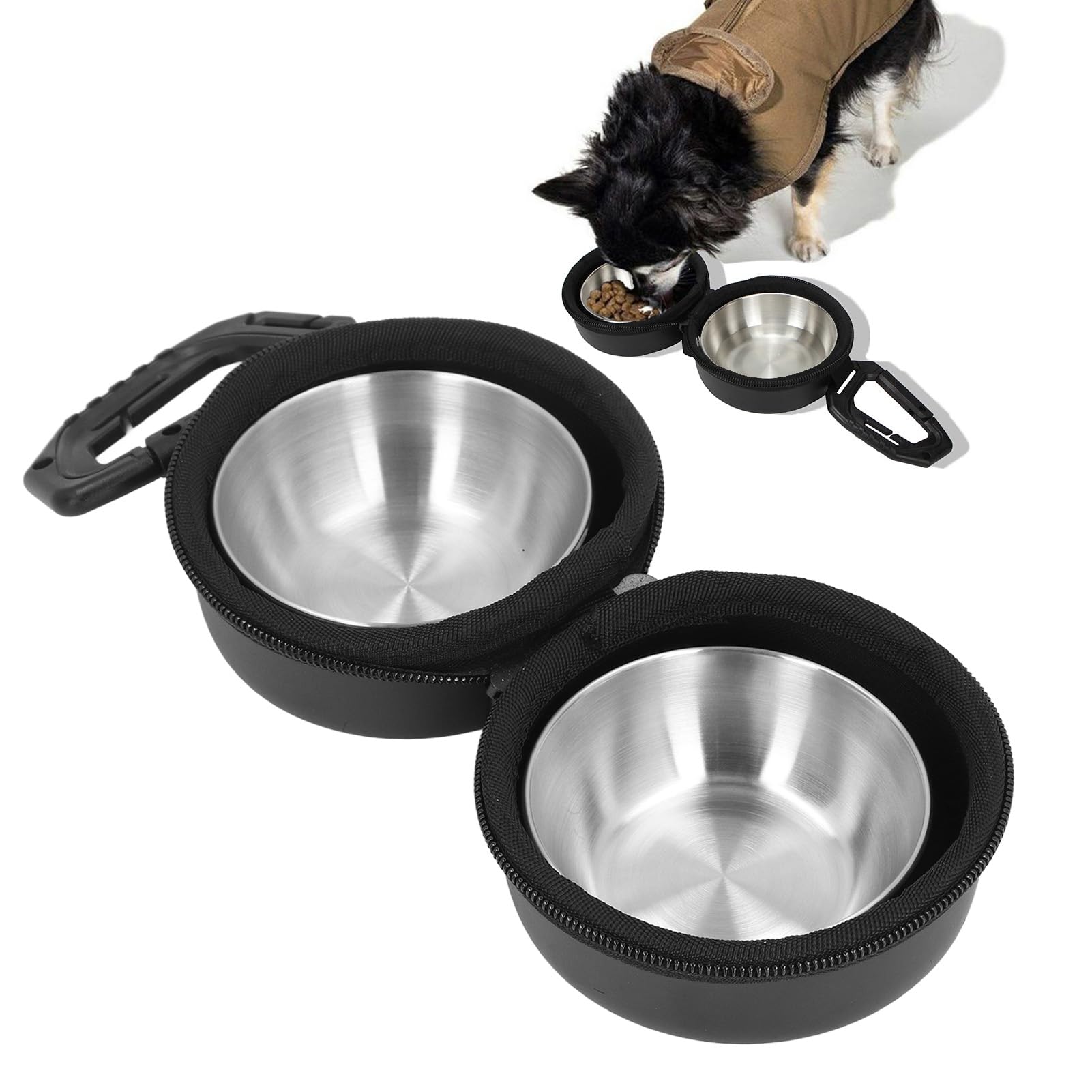 Double Dog Bowls with Bag - Stainless Steel Pet Food Water Bowls with EVA Hanging Storage Bag for Outdoors Travel Camping