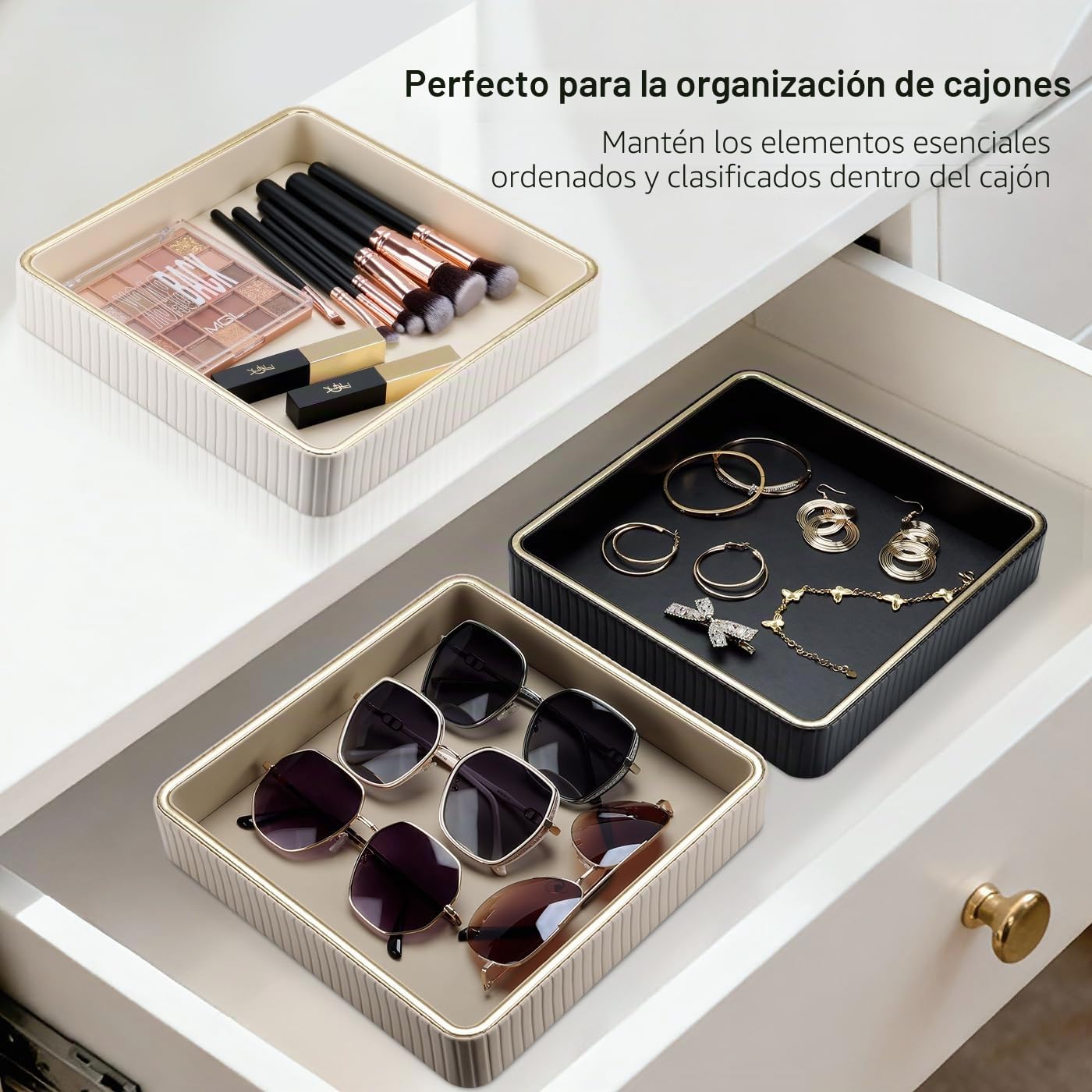 GORESE Bandeja de Valet,Bandeja para Joyas Cuero Bandejas Decorativas Bandejas de Mesa de Noche Organizador Vaciabolsillos Escritorio para Llaves,Maquillaje,Reloj,Gafas,Perfume,Joyería,Moneda(Beige)
