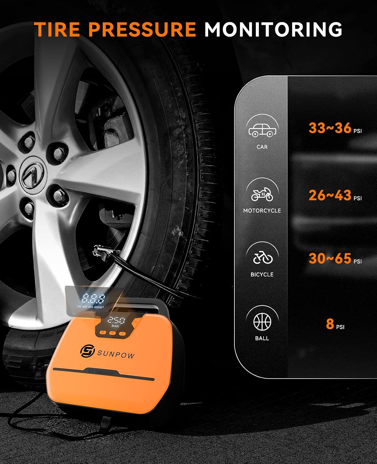 SUNPOW Tire Inflator Portable Air Compressor, 12V DC Air Pump for Car Tires (up to 150 PSI), Auto Tire Pump with Digital Pressure Gauge, Emergency LED Lights, Bicycle, Balloon, Other Inflatables