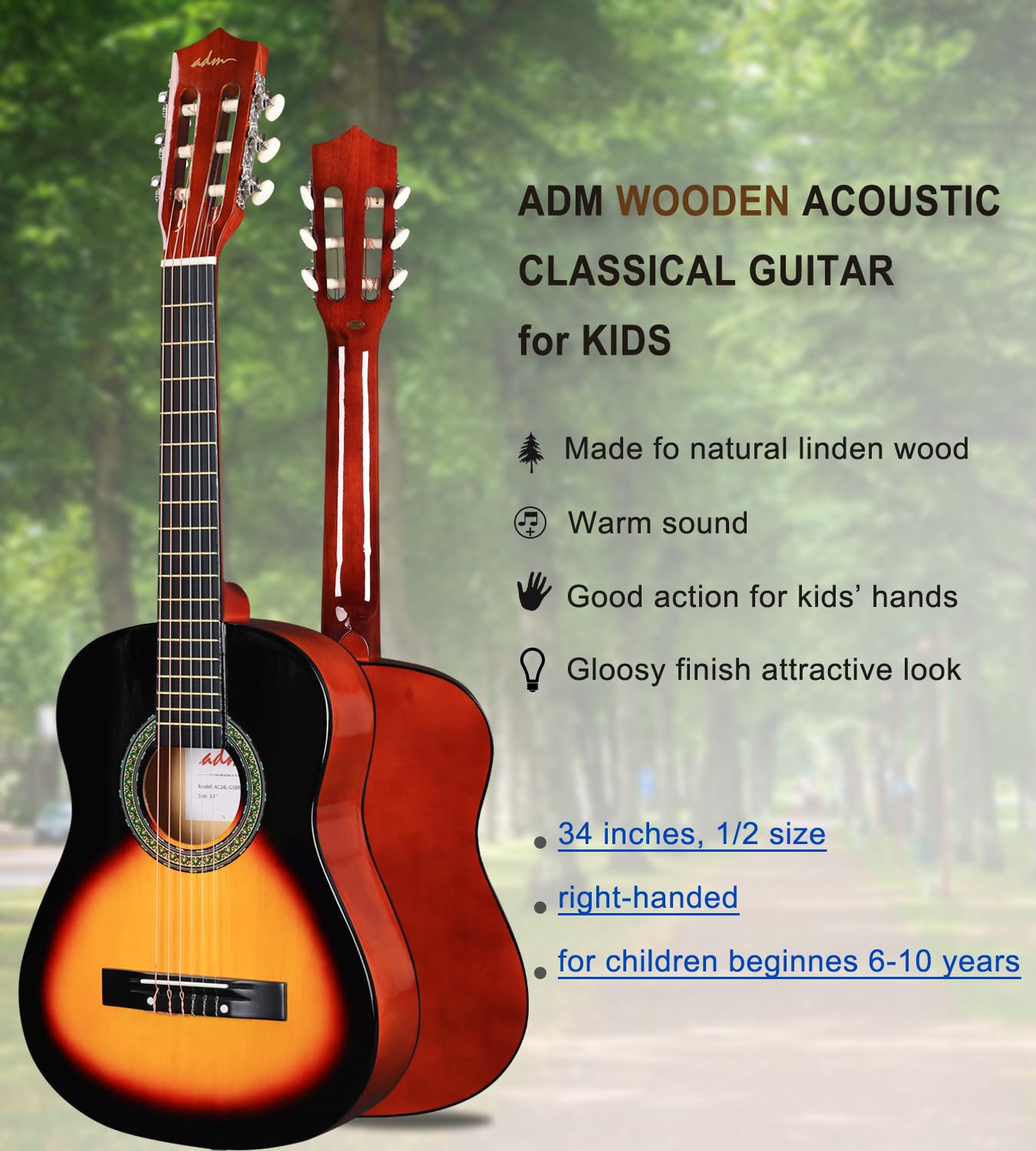 Set Chitarra Classica per Bambini ADM 1/2, Custodia e Accessori per Principianti