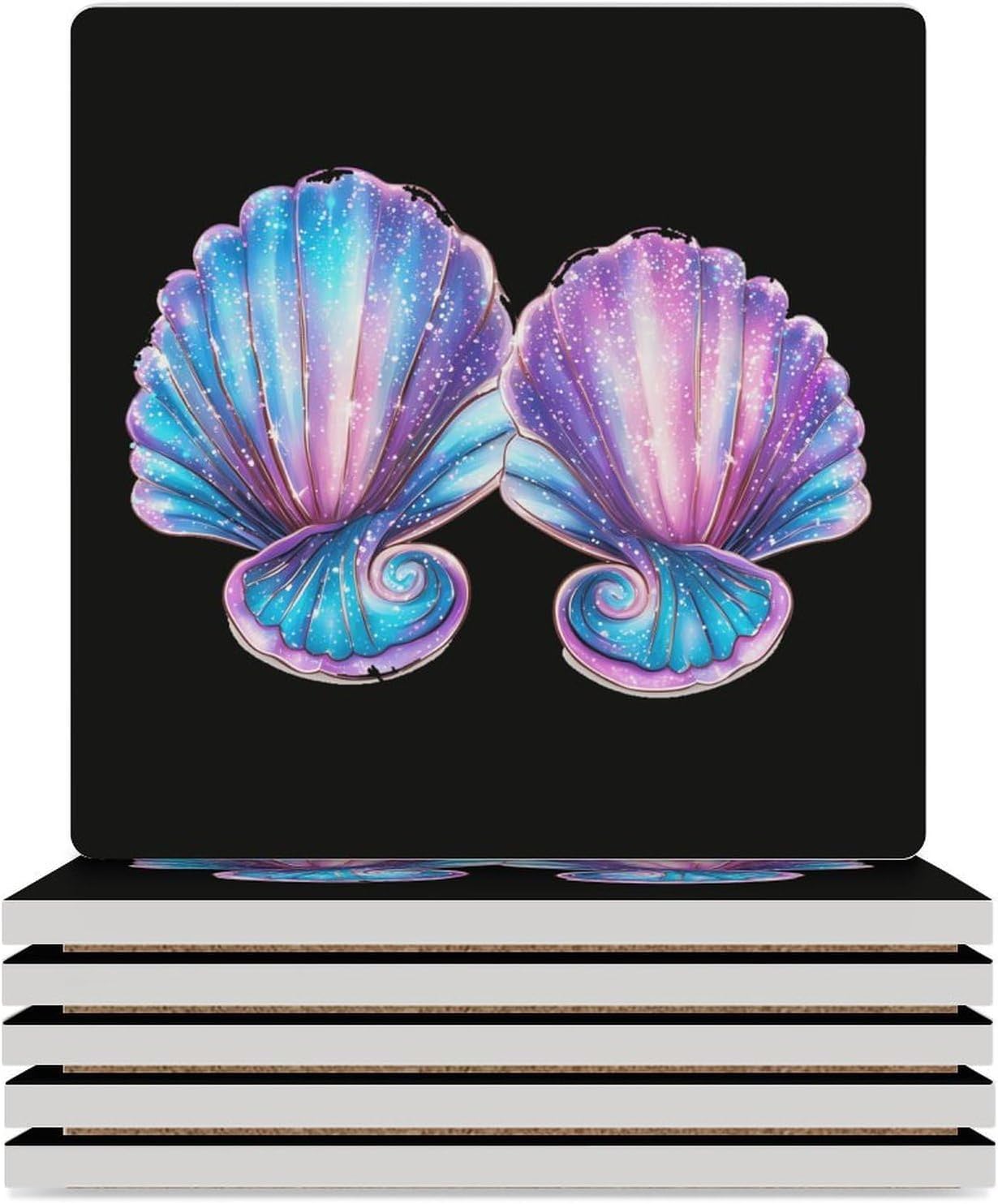 Mermaides Sea Shell Bra Coasters for Drinks Square Table Coasters Set Cup Mats with Cork Base