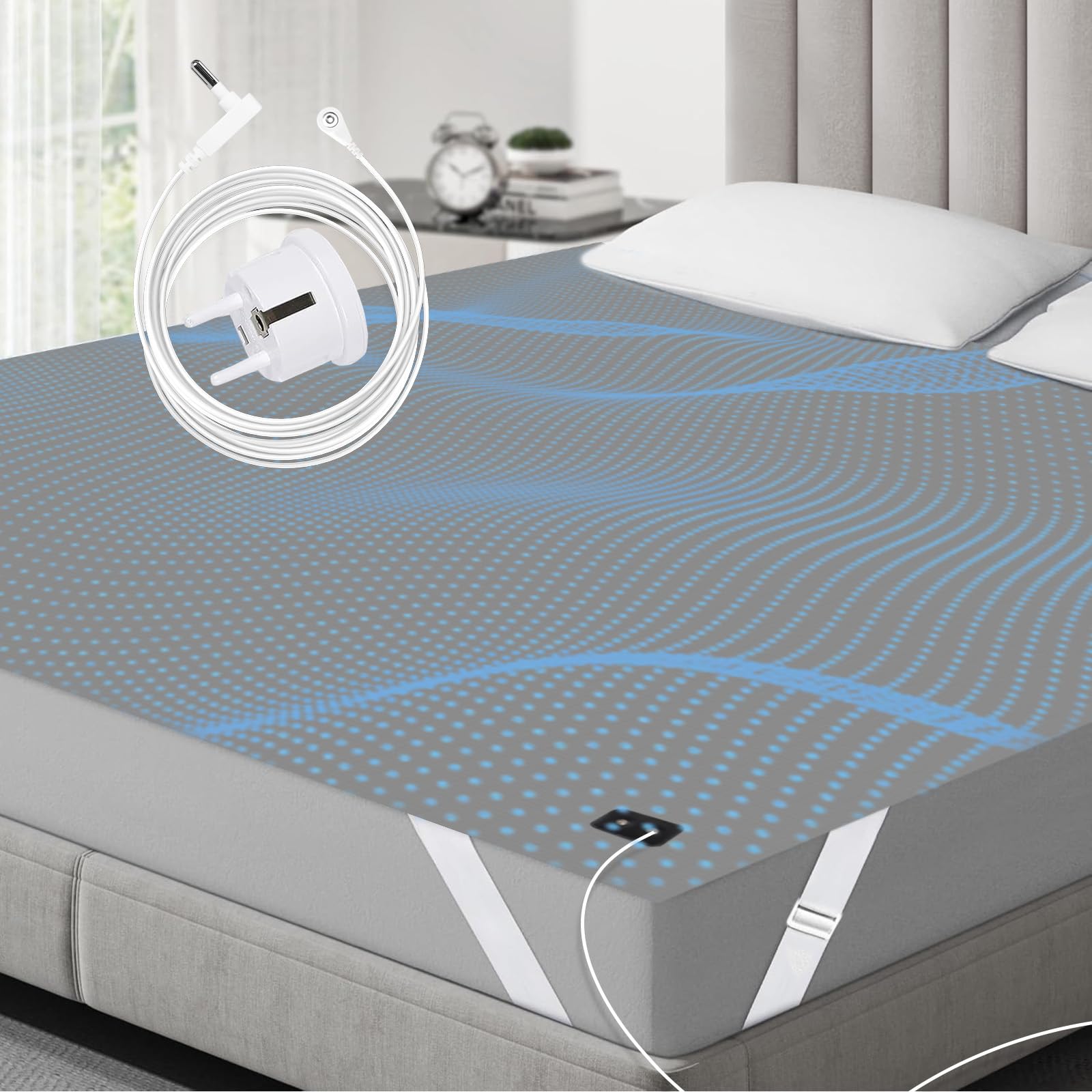 RIQINXIN Lenzuolo con angoli per messa a terra - 10% filo d'argento al 90% cotone Cavo EU Lenzuolo di messa a terra per il miglior sonno recupero dell'energia grigio 160x200 cm