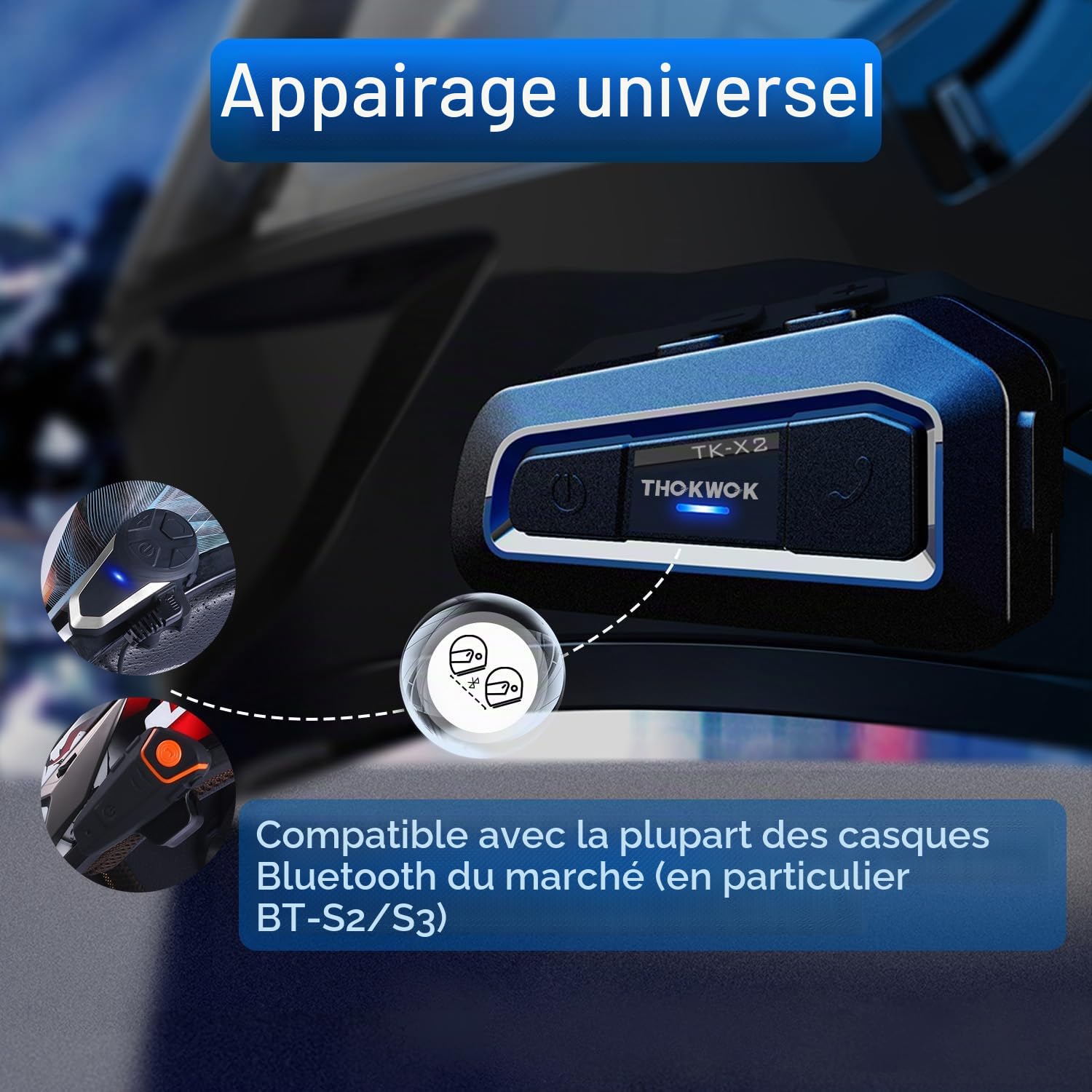 Intercom Moto Duo pour 2 Casques TK-X2 Ecouteur Bluetooth pour Casque Moto, 1000M Kit Main Libre Oreillette Bluetooth, Communication Système pour Motocross/ATV/Motoneige/Vélo(2 Pièce)