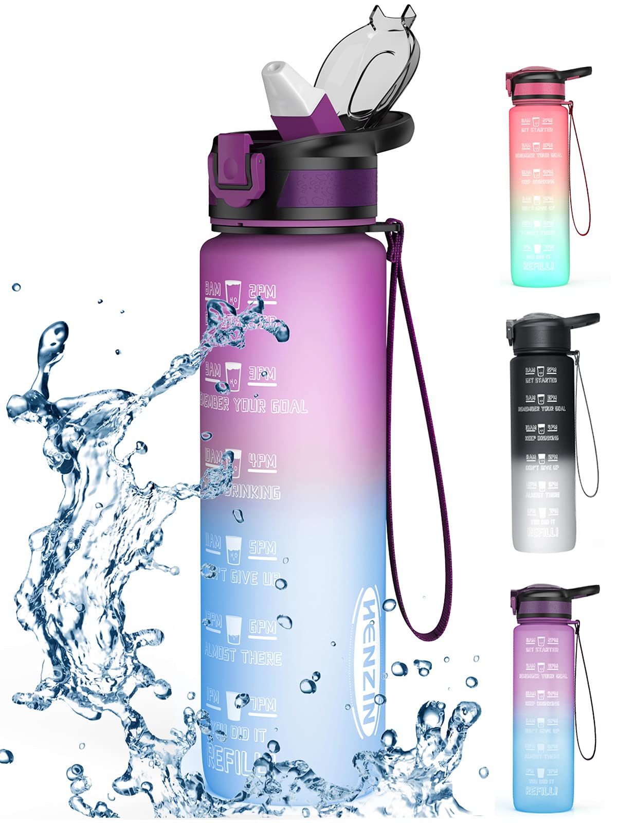32 oz Motivational Water Bottle with Time Marker & Straw, 1 Liter