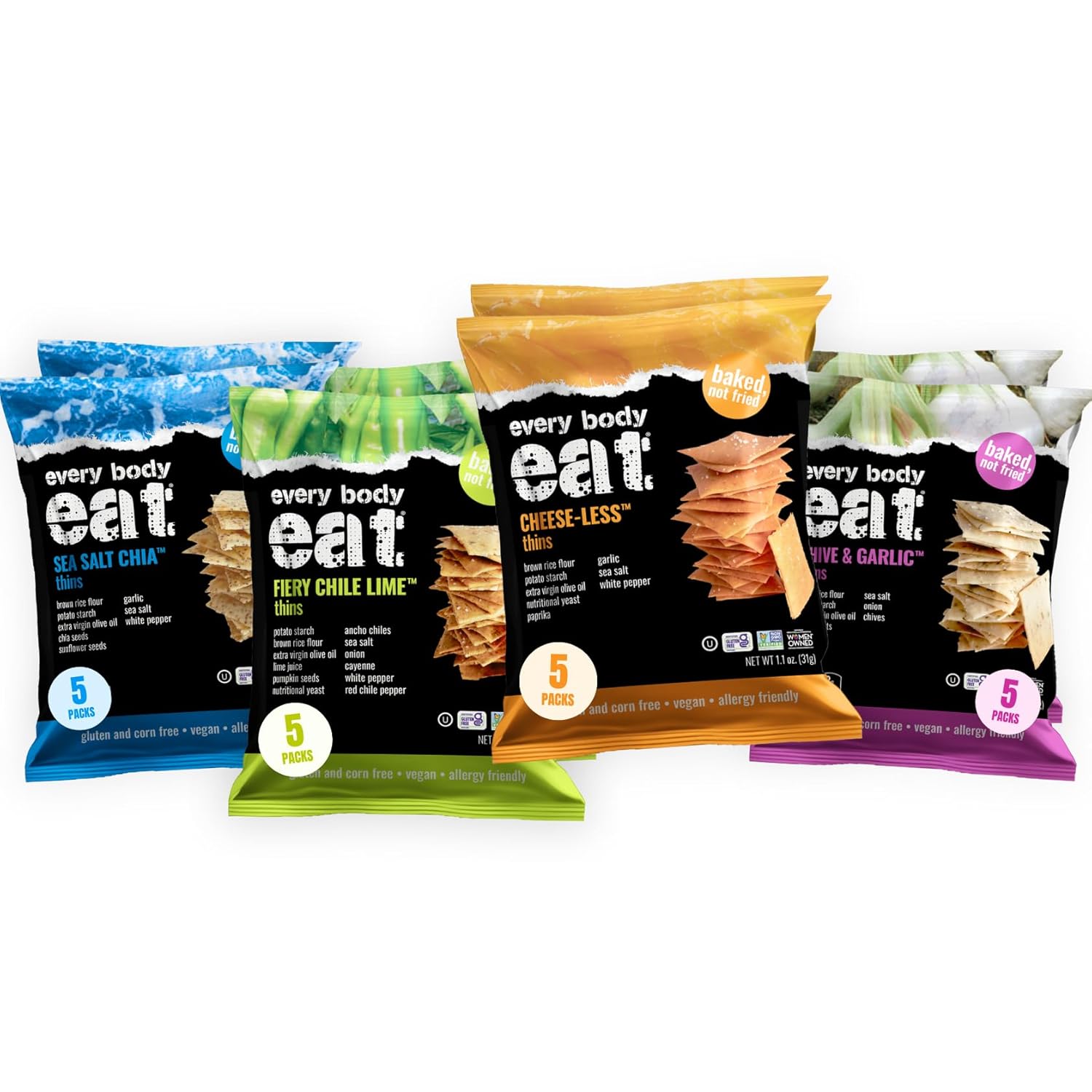Every Body Eat Snack Thins, Gluten & Dairy Free, Vegan, School Safe Lunch Snacks, Variety Pack (20 Single Serve Bags, 1.1oz)