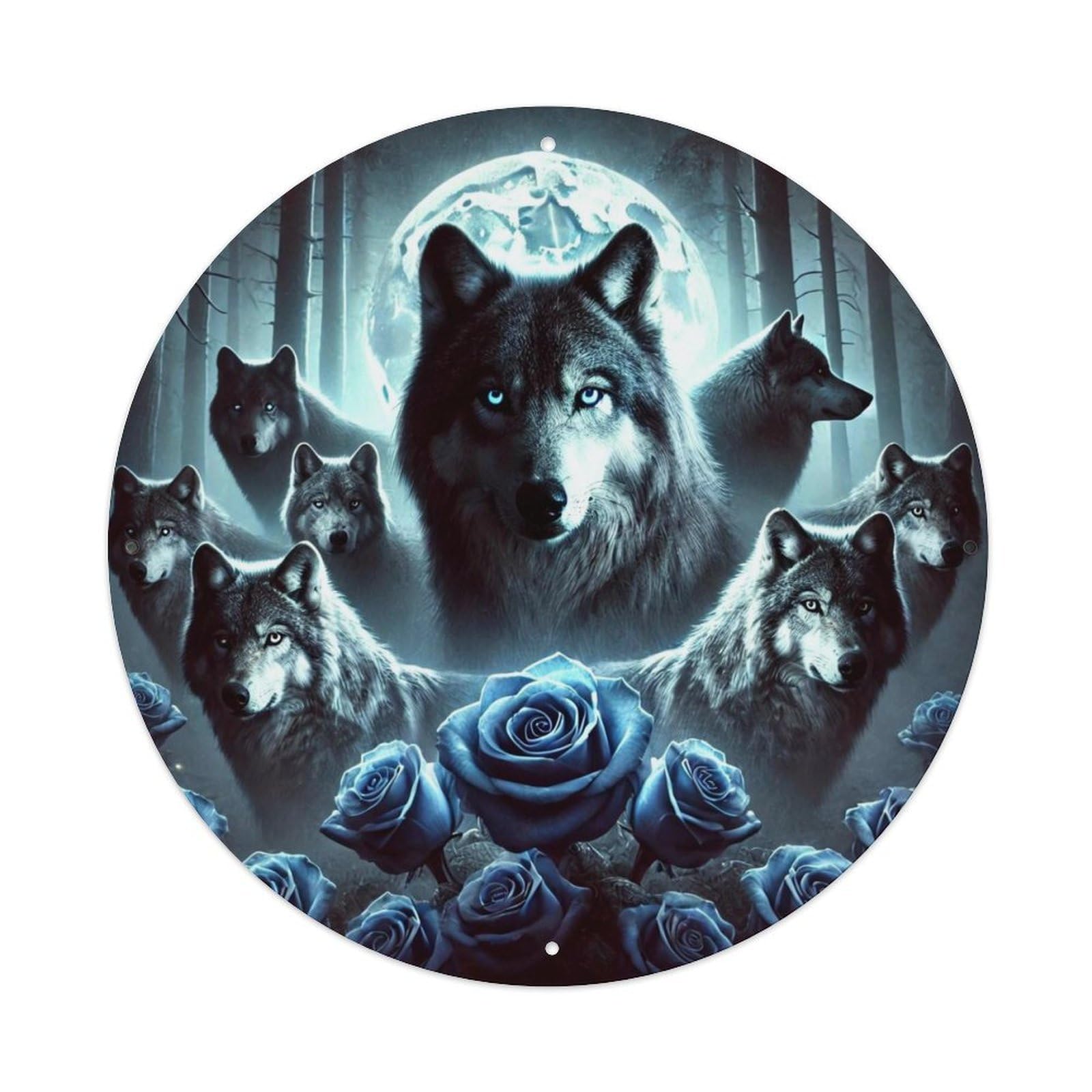 Wolf Pack Moon Blue Roses Retro Metal Tin Sign, Vintage Metal Poster for home, Gaming Room, Studio Workshop,Bar,Garage Wall Art Decor 8x8 inch