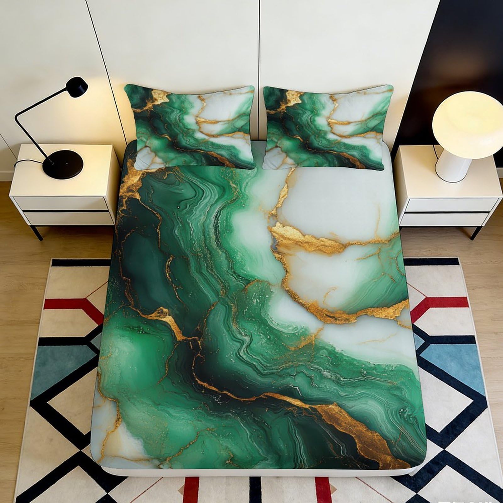 Pnayamiorkfel Style-10 3D Printed Emerald Marble Fitted Sheet Microfiber Soft Anti-Slip Gold Vein Bed Cover For Bedroom Dorm Guest Room Decor 90X200x25cm