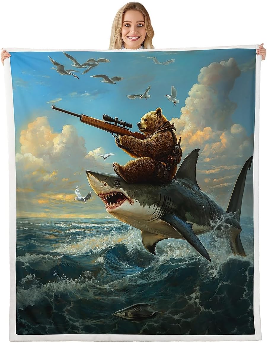 Castle Fairy Shark Fish Blanket Twin 60x80 Hunting Bear Wildlife Blanket for Kids Teens Boys Girls Funny Marine Animal Sherpa Blanket Lightweight 3D Ocean Wave Blanket Living Room Decor