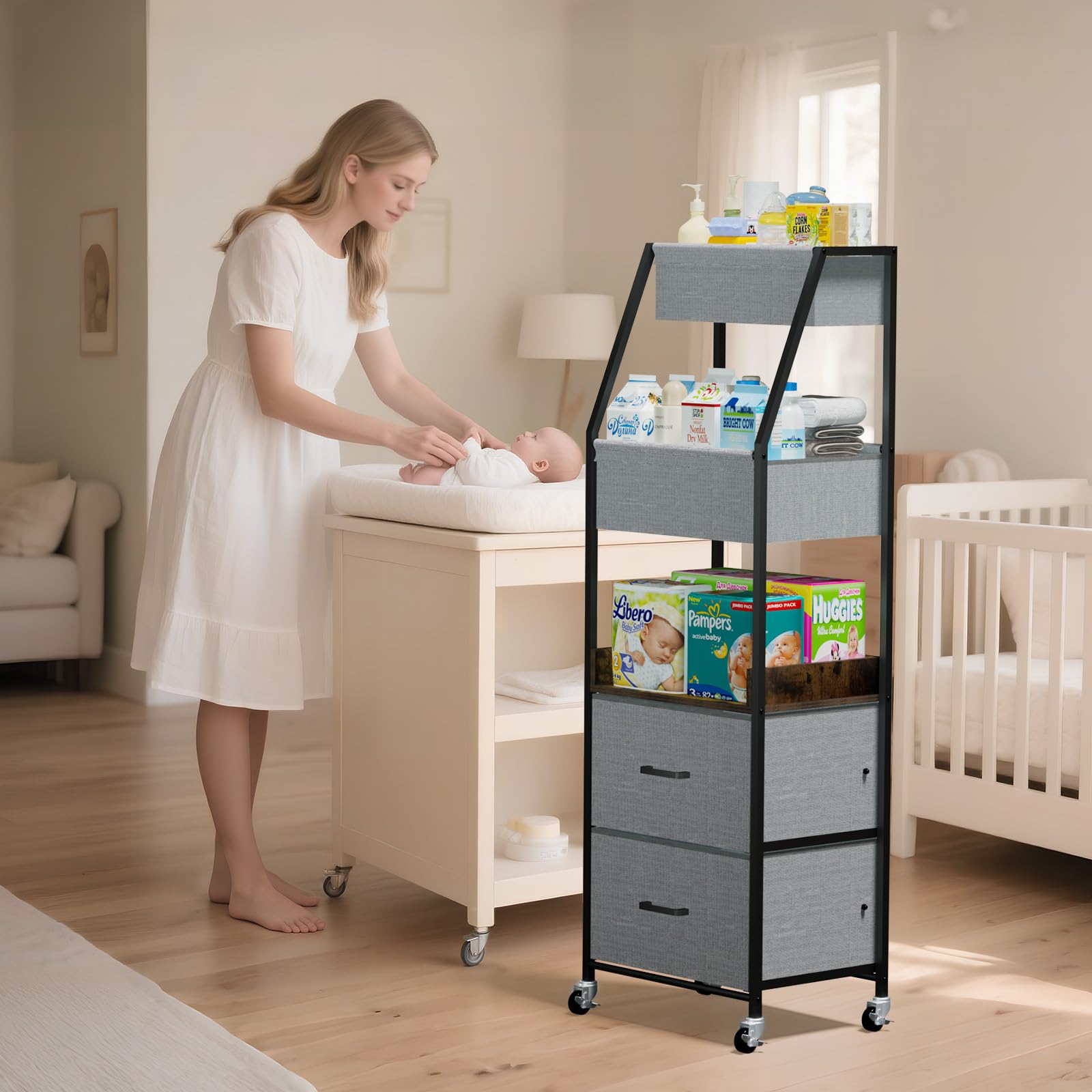 Organizador de Pañales Móvil de 5 Alturas, Cómoda con Ruedas y 2 Cajones para Artículos de Bébé, Organizador de Pañales Móvil de Madera y Metal para Habitación Bebé, Dormitorio (Nero)