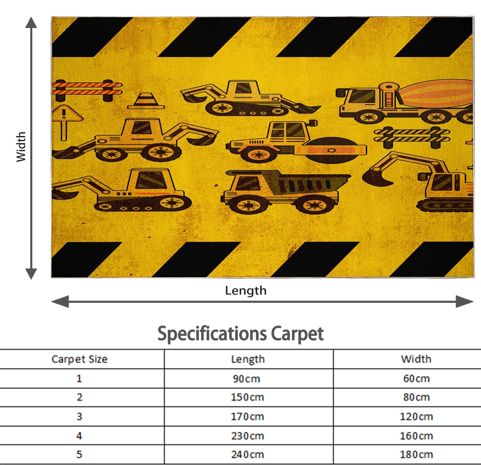 Tappeto Salotto 80 x 150cm Veicolo da costruzione dei cartoni animati Tappeti Camera da Letto, Rug Cucina Antiscivolo Lavabile per Tavolino da Salotto, Bagno, Tappeto Bambini Cameretta