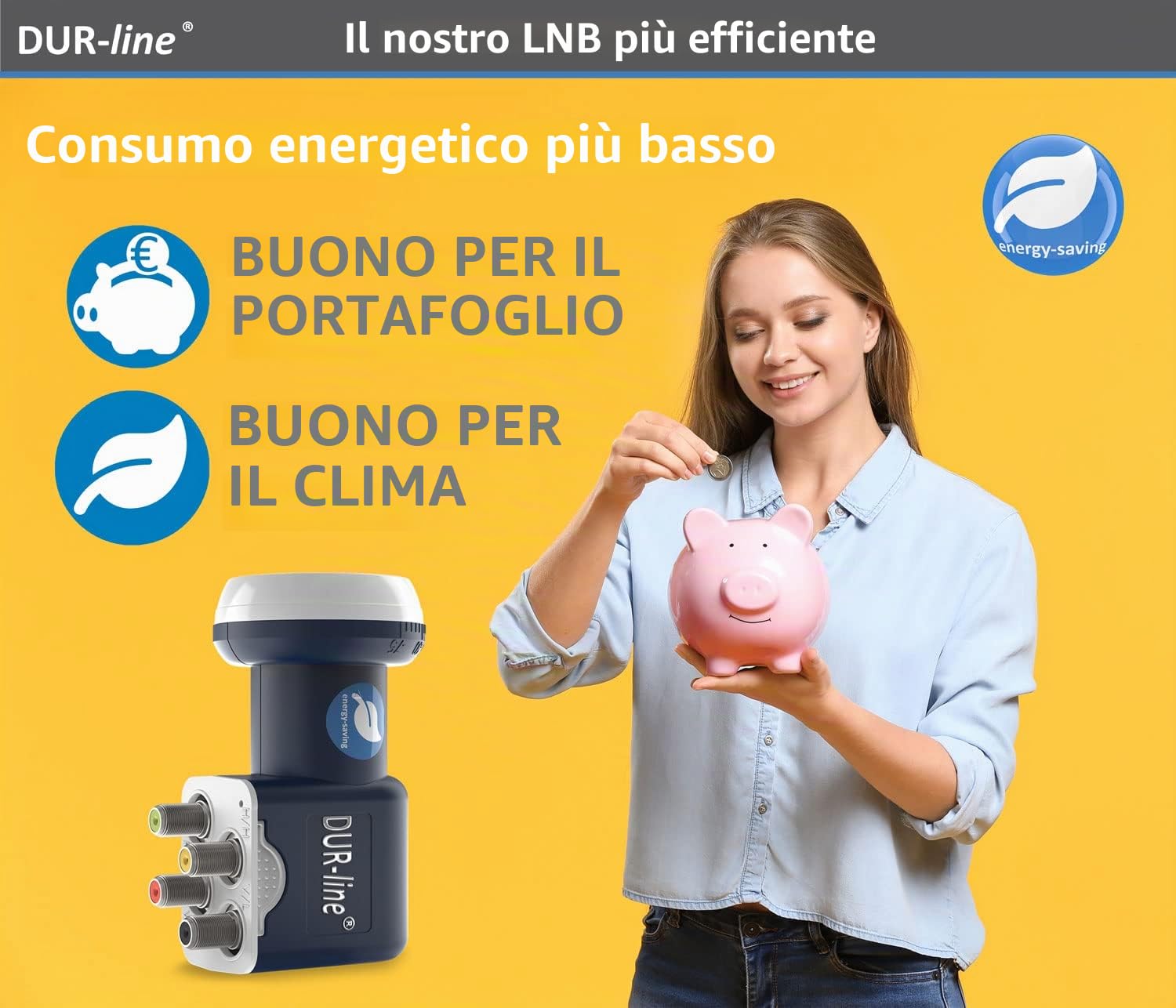DUR-line Blue ECO Quattro LNB – estremamente efficiente – solo per commutatore – qualità premium – [ test molto buono* ] digitale, Full HD, 4K, 3D