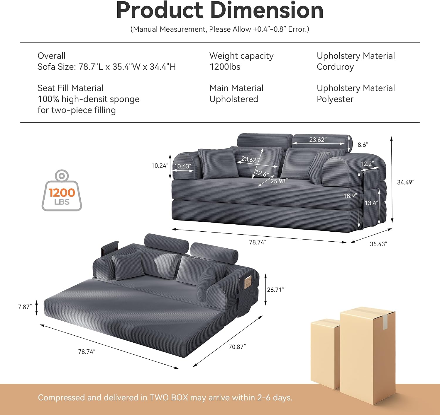QQR High Backrest Sofa Bed Dark Gray Corduroy Convertible No Assembly