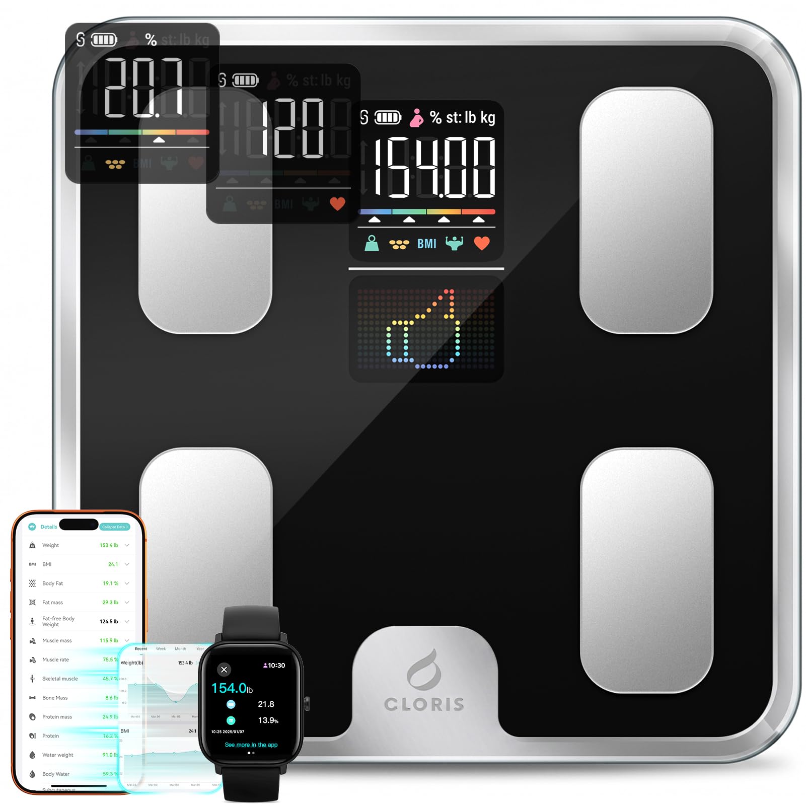CLORIS Báscula inteligente para grasa de peso corporal, máquina de pesaje digital de baño para un IMC preciso, analizador de salud de composición de masa muscular con aplicación Bluetooth