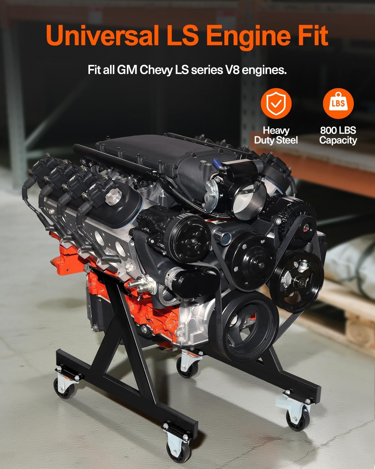 JY PERFORMANCE LS Engine Stand Cradle, Rolling Storage Stand for GM Chevy V8 LSx Engines, Heavy Duty Support for Engine & Transmission, 3" Swivel Caster Wheels, 12" Clearance, Compact Design,Black