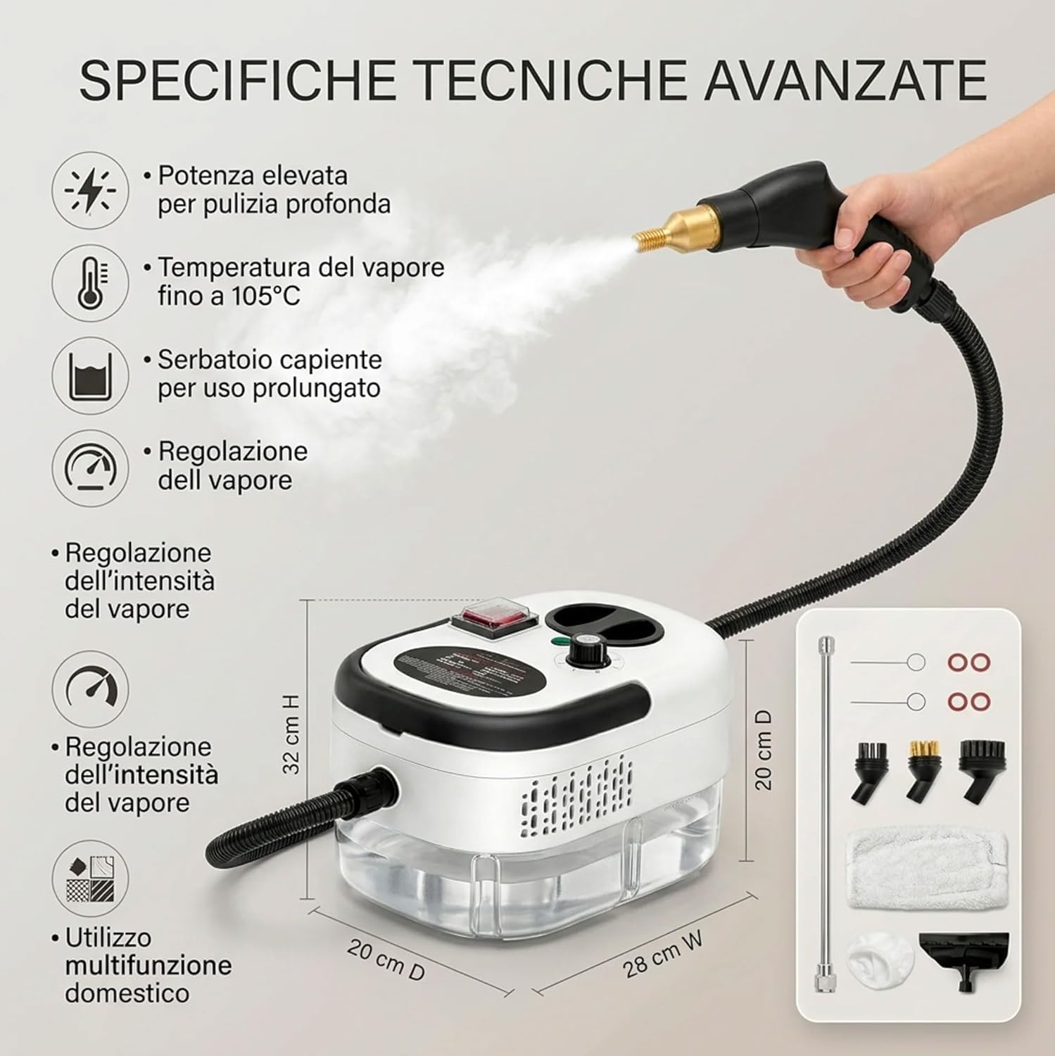 081 Store - Pulitore a Vapore 2500W Alta Pressione con 6 Livelli Di Regolazione, Serbatoio Grande da 1200ml, Vapore fino a 105°C, Kit Accessori Multifunzione per Pulizia Casa, Cucina, Bagno, Divani