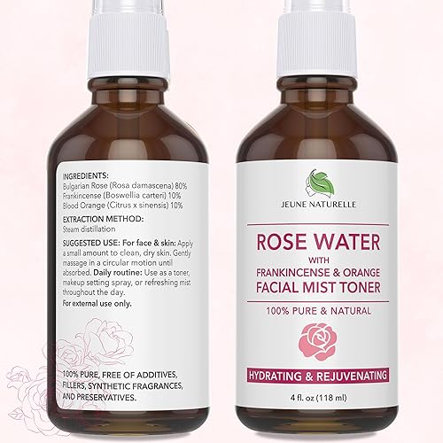 Miniatura 5 de Spray de agua de rosas para la cara, agua de rosas 100 % pura con incienso y naranja sanguina, tónico facial, sin alcohol, sin tintes, niebla