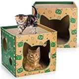 2 Pack Cardboard Cat Houses, Cat Play House with 2 PCS Scratching Pad, Corrugated Kitten Hideaway Cave, Cute Cats Condos Box, Cat Scratching Toy, Scratcher Bed for Indoor Cats, Kittens, Bunny