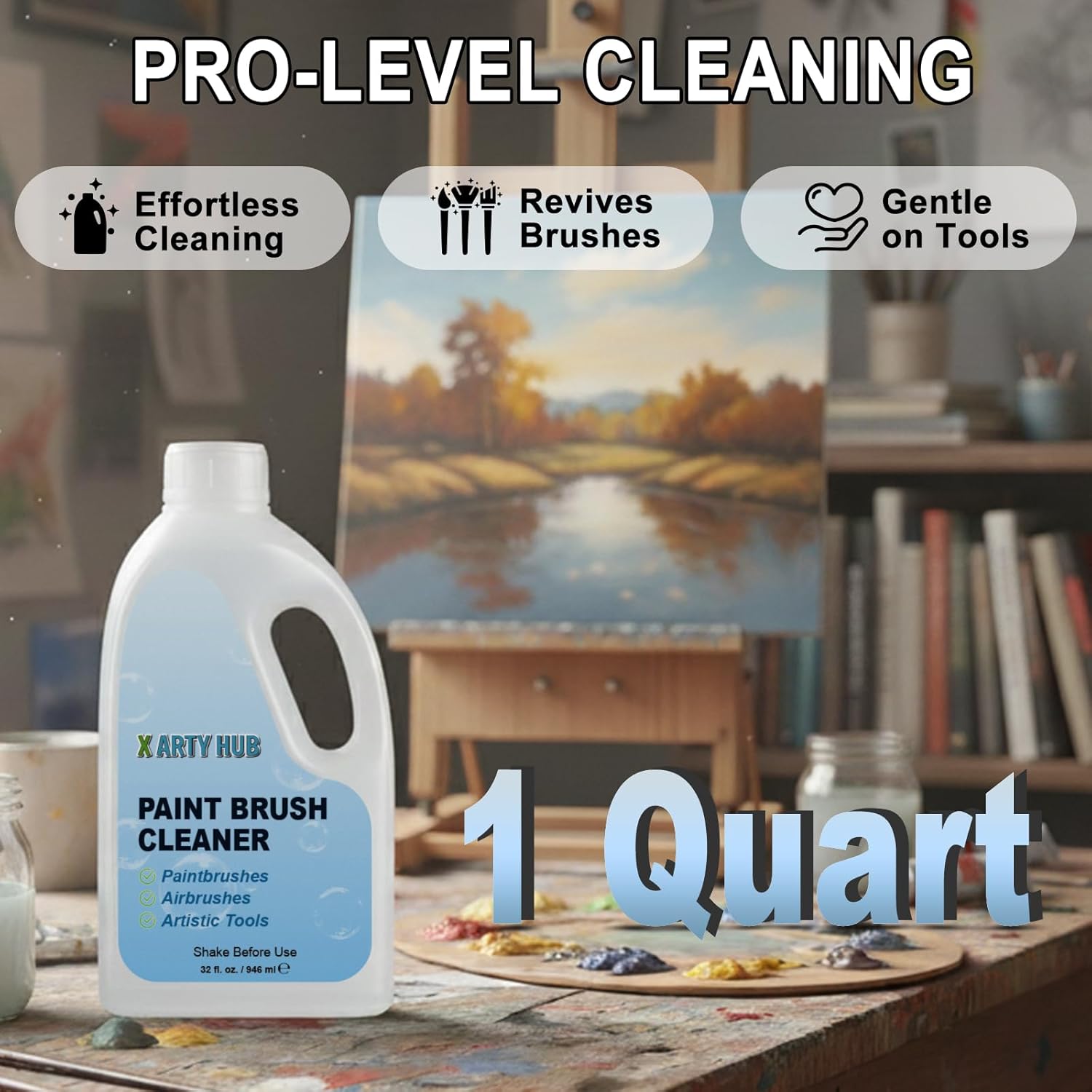 Brush Cleaner and Restorer, 32 fl oz Paint Brush Cleaner Easily Handles Acrylic and Water-Based Paint, Powerful Cleaning Solution for Paintbrushes, Airbrushes, and Art Tools