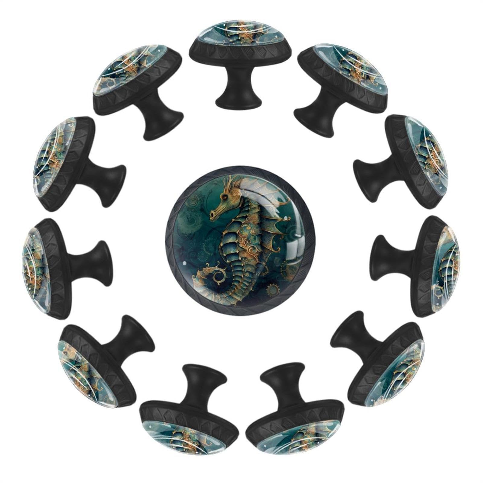 Boutons de tiroir bleus hippocampe en verre lot de 12 pour poignée armoire cuisine