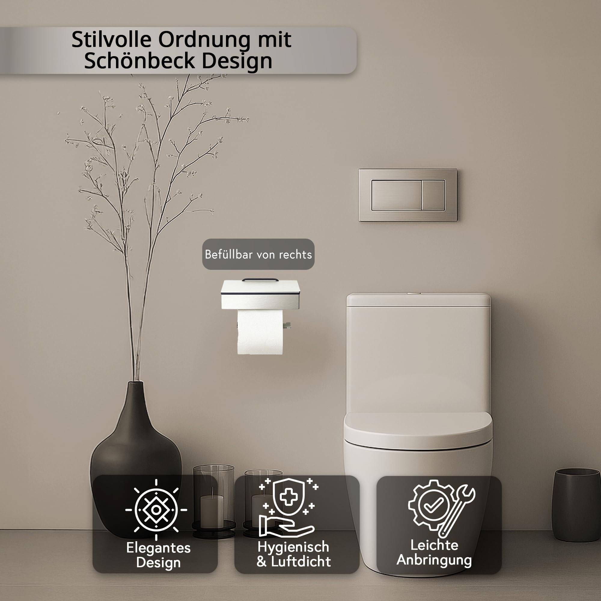 Toilettenpapierhalter mit Feuchttücherbox - Gehäuse Poliert & Abdeckung Glas Weiß- befüllbar von Rechts - Wandhalterung 2-in-1, Feuchttuchbox & Klopapierhalter aus Edelstahl, Made in Germany