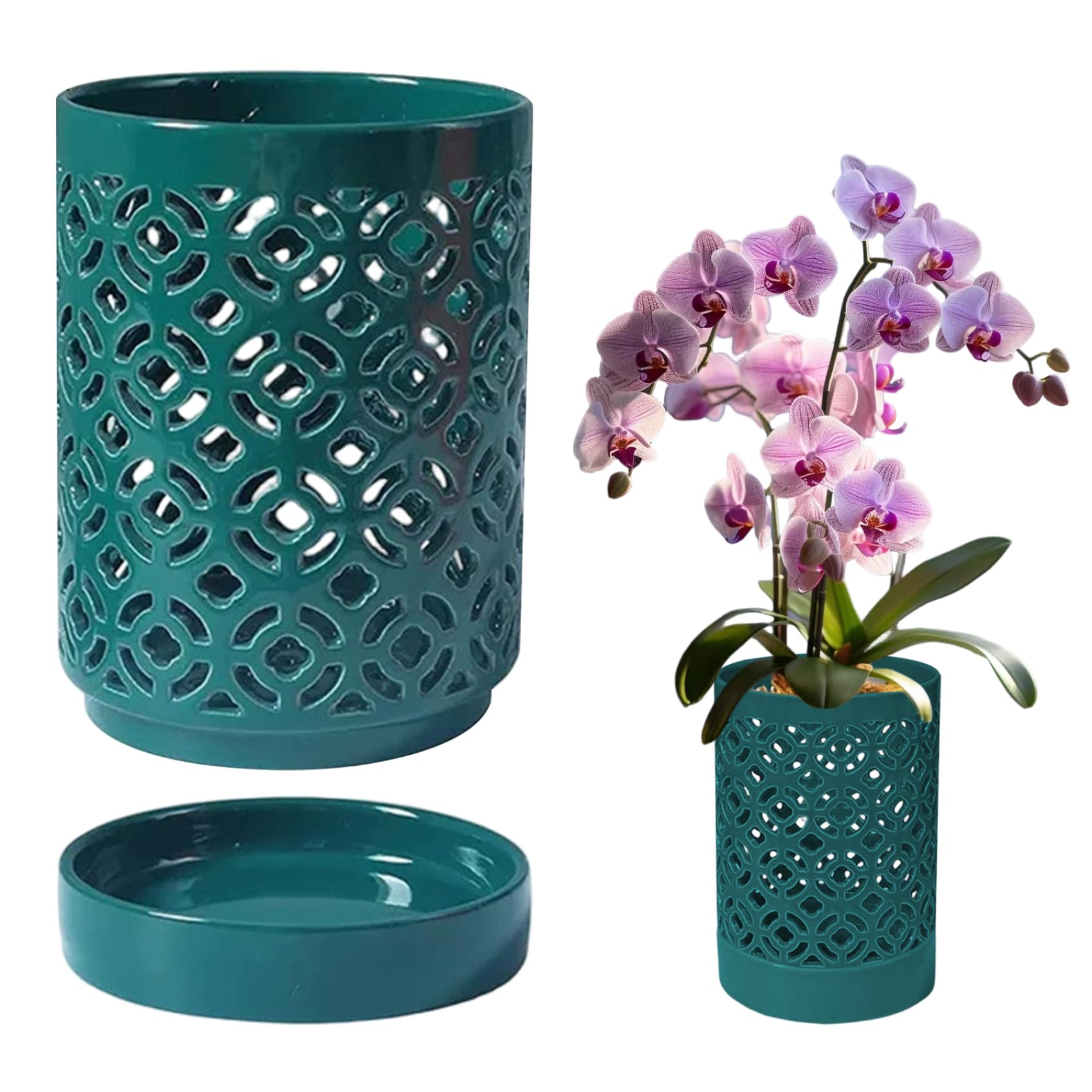Faticenic Orchid Pots 5.5x4in Orchid Planter with Holes & Saucer & Drainage Ceramic Plant Pot for Indoor Outdoor Plants, Green, Pots, Garden Décor