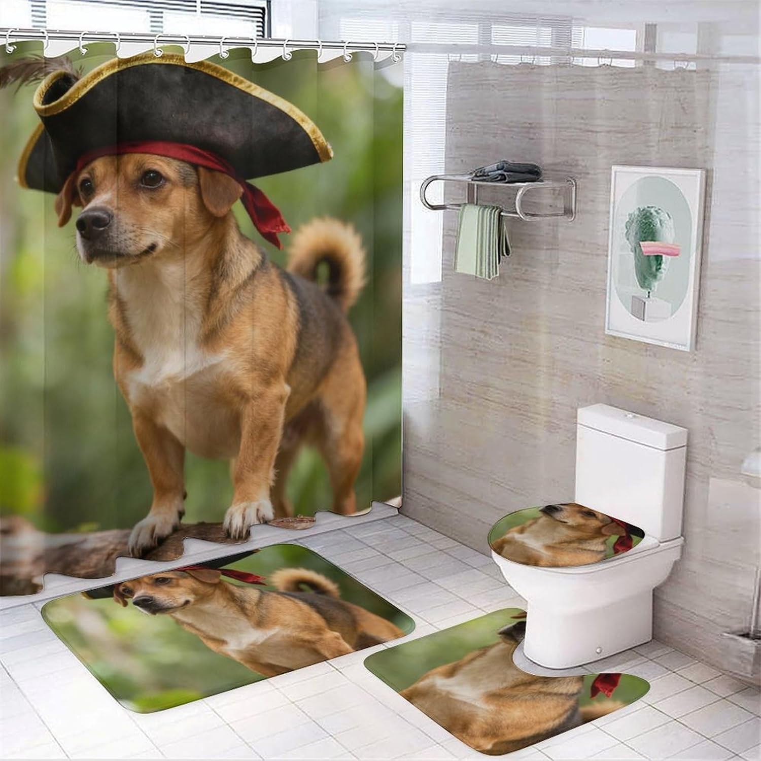 4 Piece Bathroom Rug Set with Shower Curtain, Non-Slip Bath Mat Toilet Cover Set, Jungle Scout Bathroom Rug Sets