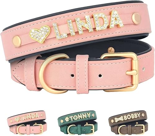 Miniatura 1 de Beirui Collar de perro personalizado con diamantes de imitación dorados, letras y dijes con nombre de mascota, collar de perro de cuero acolchado