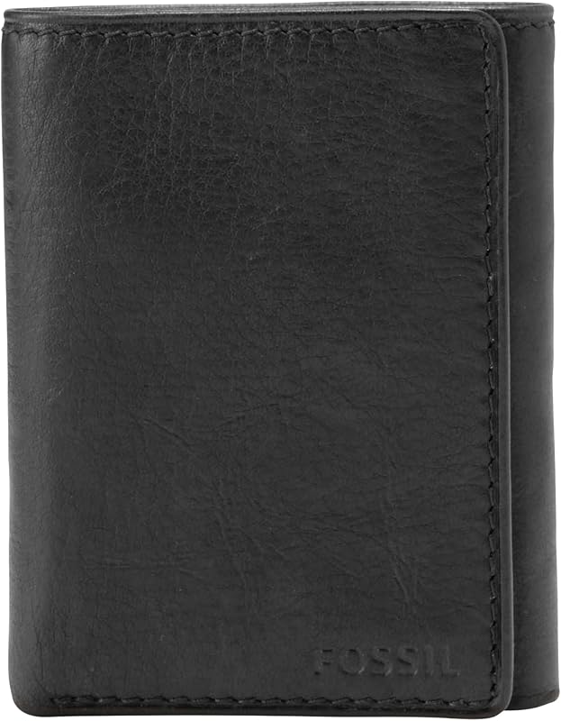 Fossil Ingram - Cartera de piel con ventana para identificación, triple pliegue para hombre, color negro
