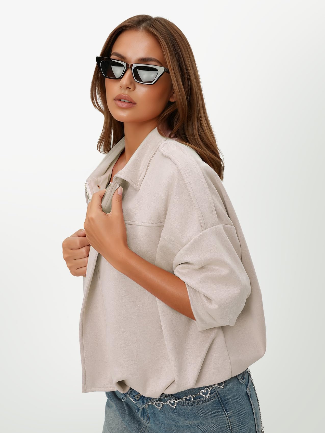 Chaqueta bomber de ante sintético para mujer, abrigo de piloto de gran tamaño, para primavera, otoño, manga larga, ropa de calle